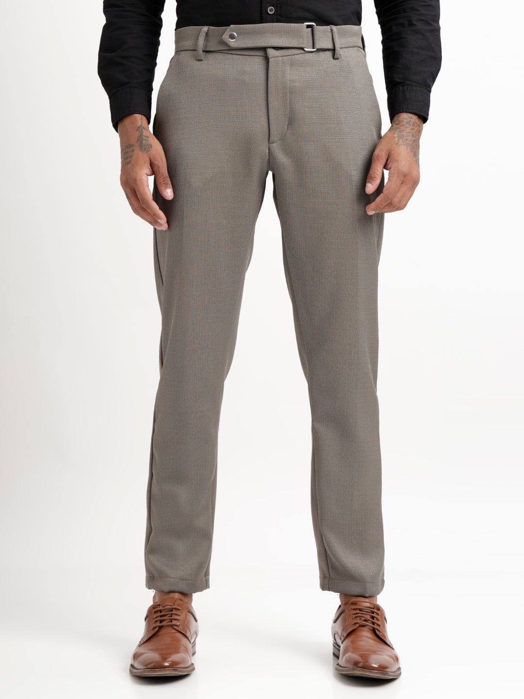 Textured White Slim Fit Trousers Olive