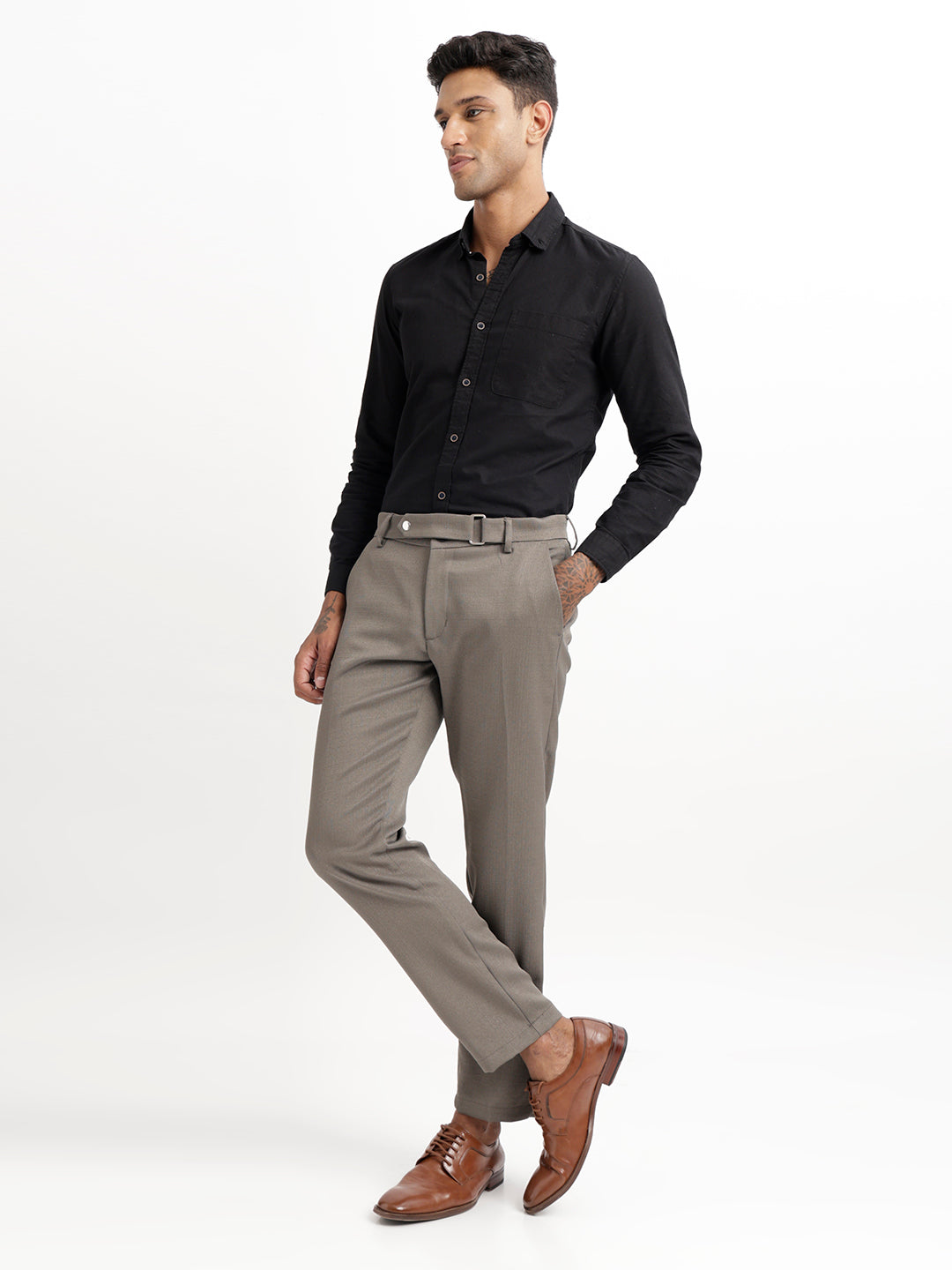 Textured White Slim Fit Trousers Olive