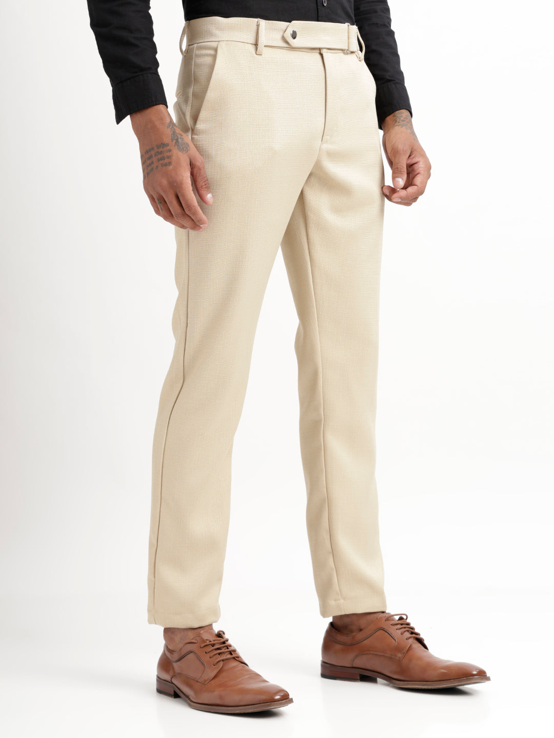 Textured White Slim Fit Trousers Cream