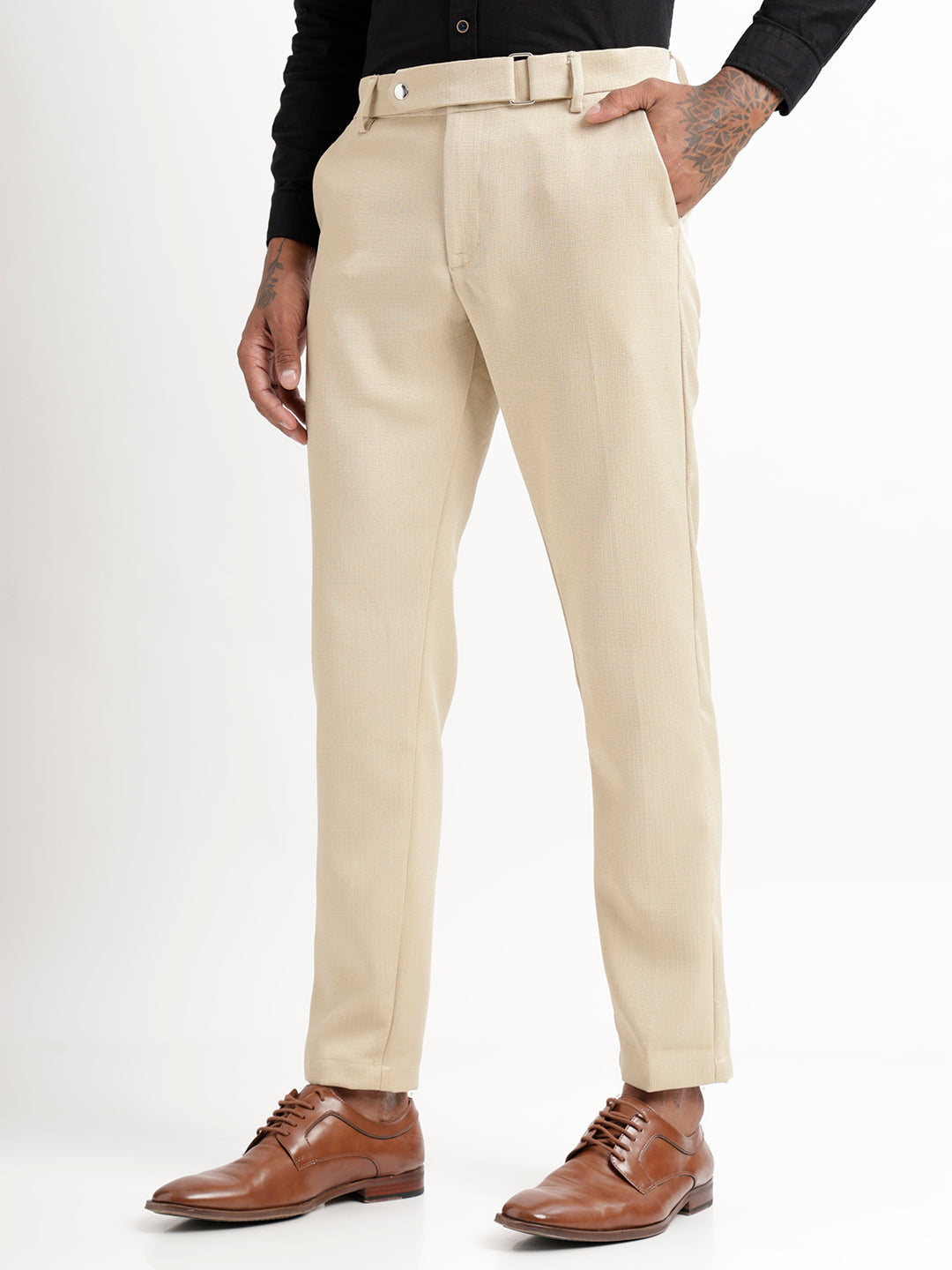 Textured White Slim Fit Trousers Cream
