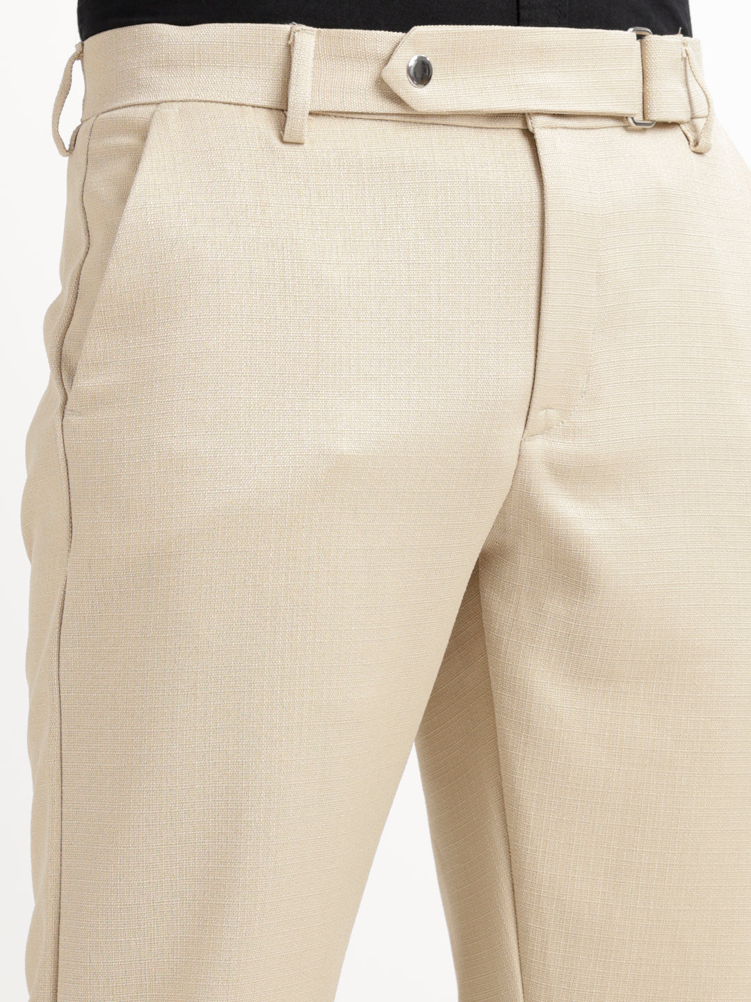 Textured White Slim Fit Trousers Cream