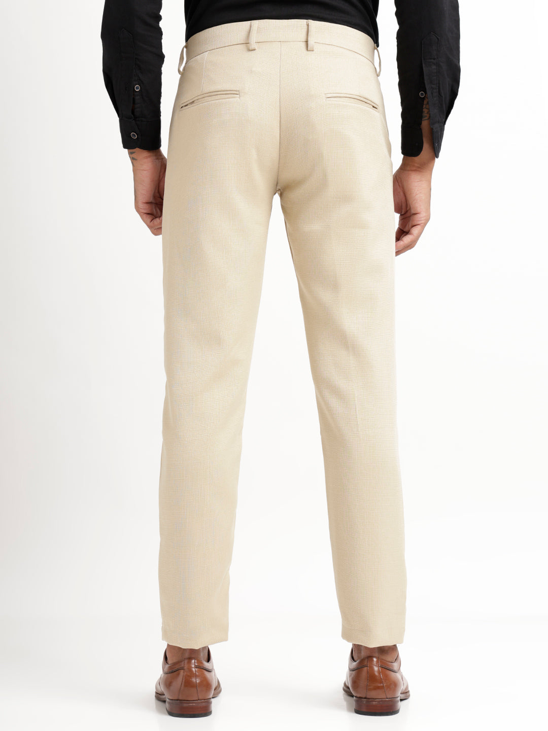 Textured White Slim Fit Trousers Cream
