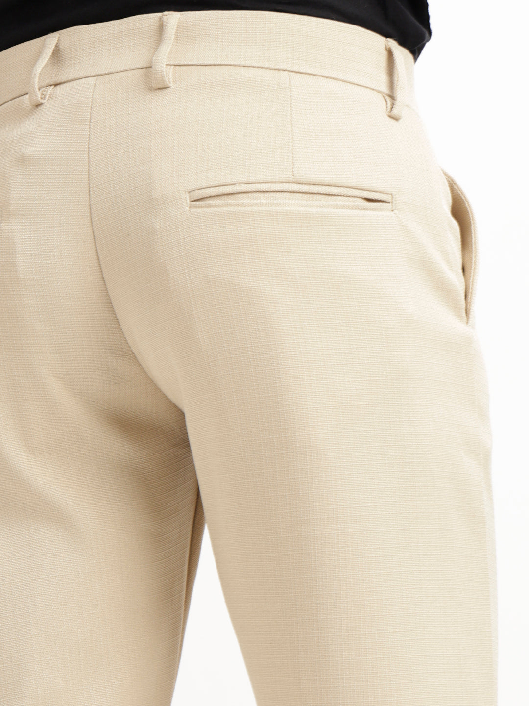 Textured White Slim Fit Trousers Cream