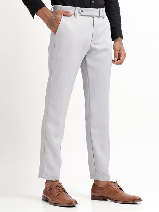 Textured White Slim Fit Trousers Lt grey