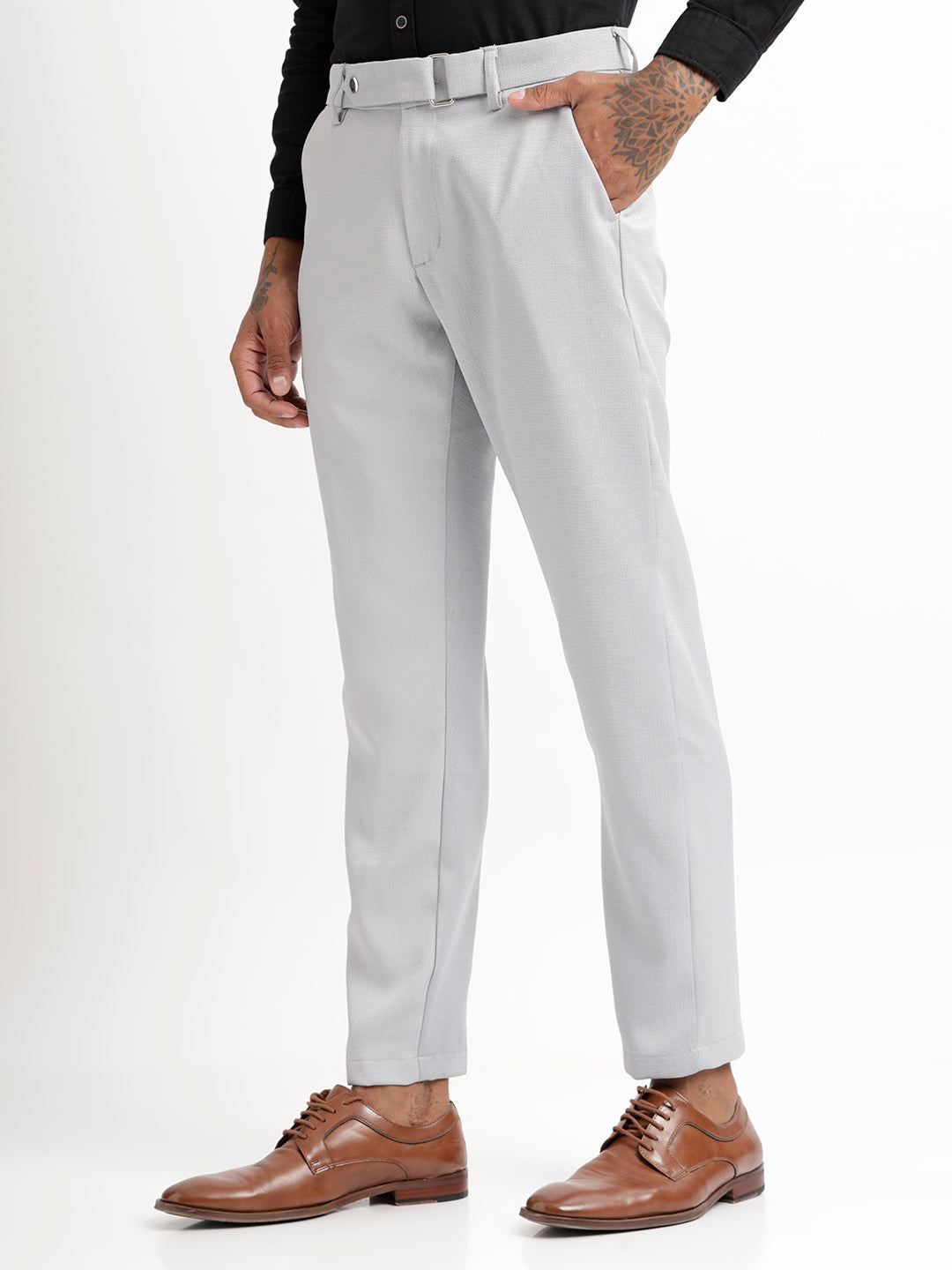 Textured White Slim Fit Trousers Lt grey