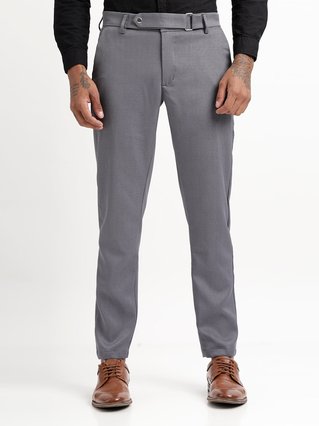 Textured White Slim Fit Trousers Grey