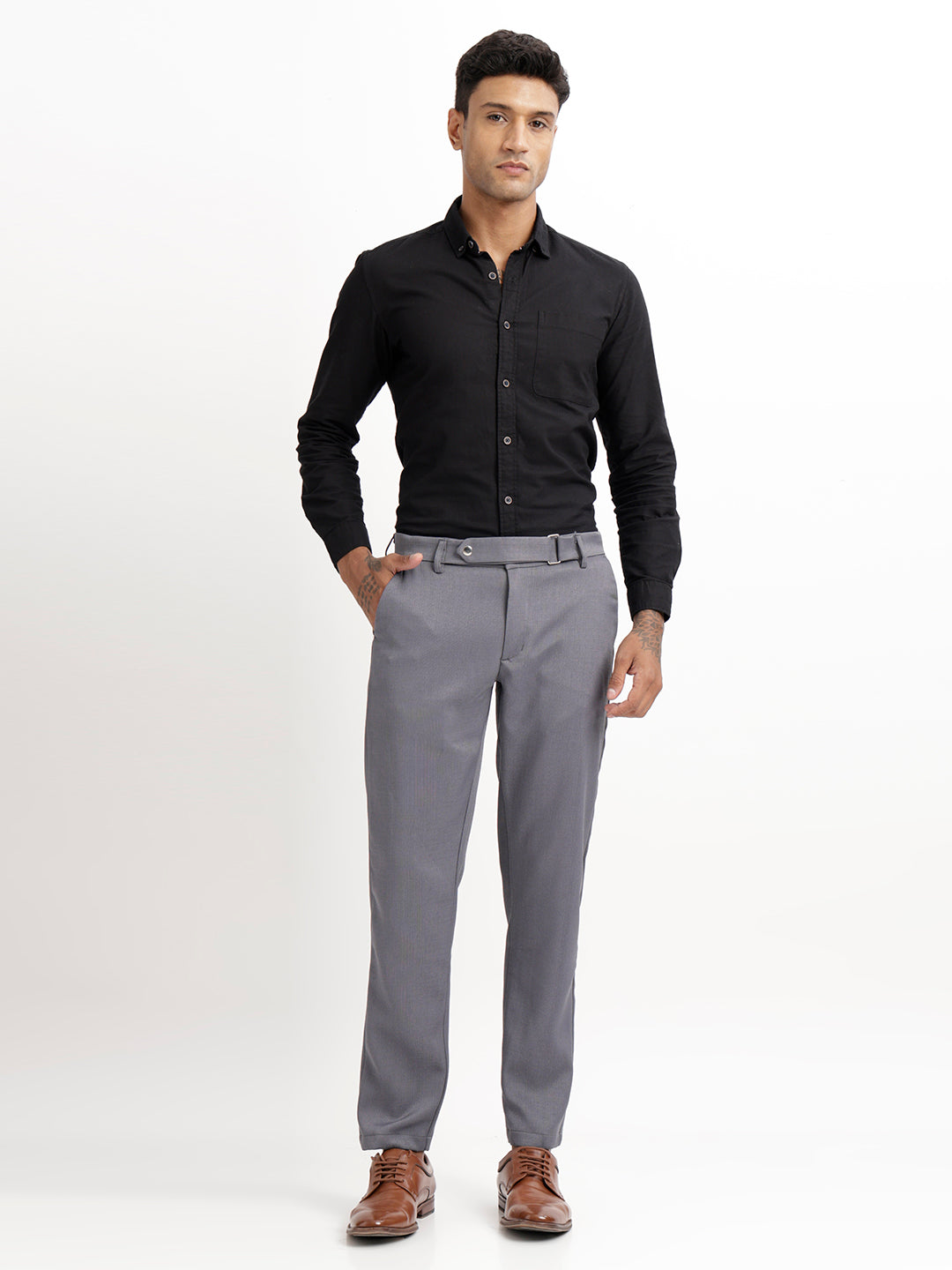 Textured White Slim Fit Trousers Grey