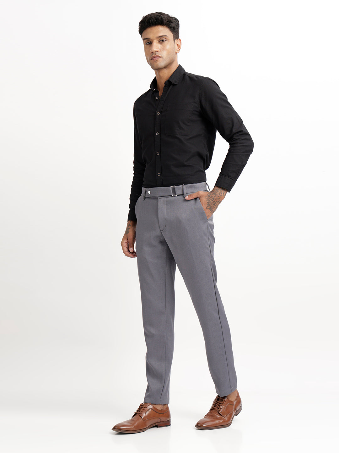 Textured White Slim Fit Trousers Grey