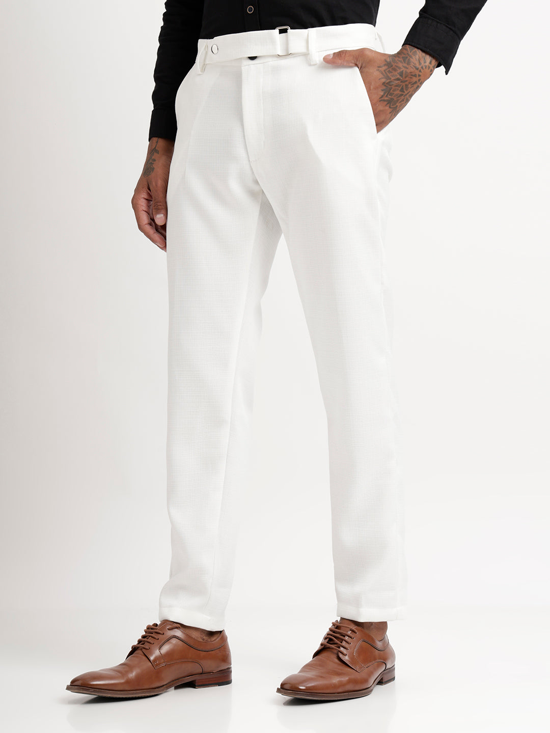 Textured White Slim Fit Trousers White
