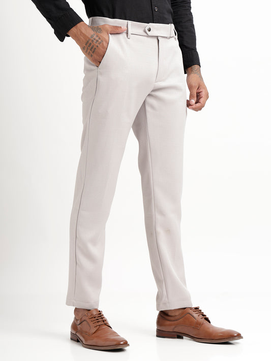 Textured White Slim Fit Trousers Lt grey