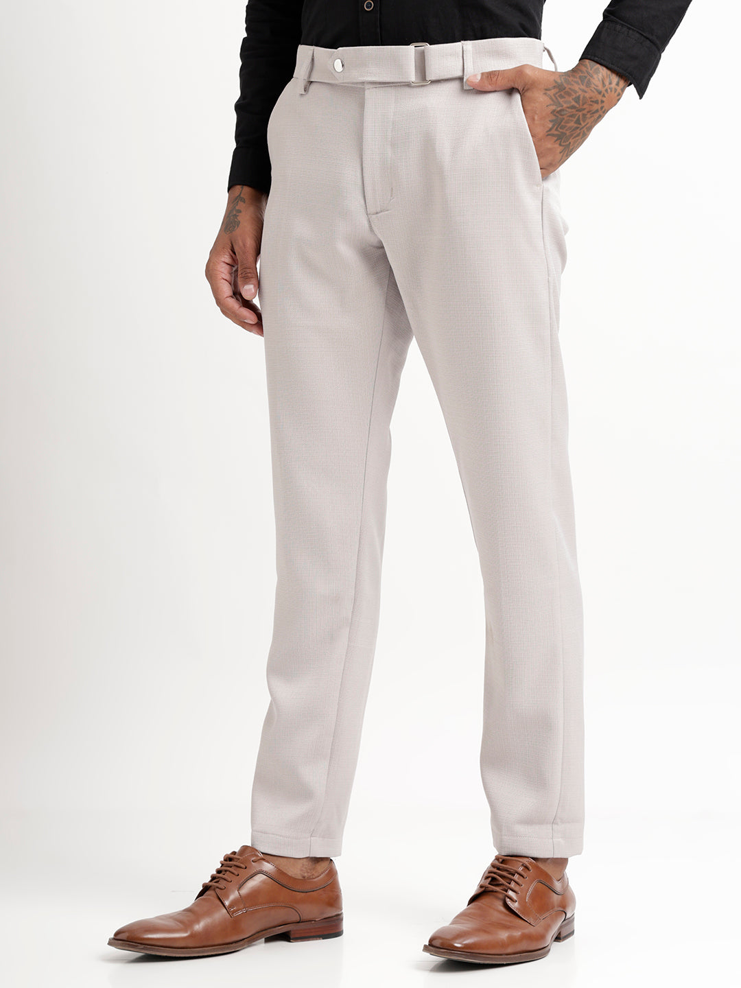 Textured White Slim Fit Trousers Lt grey