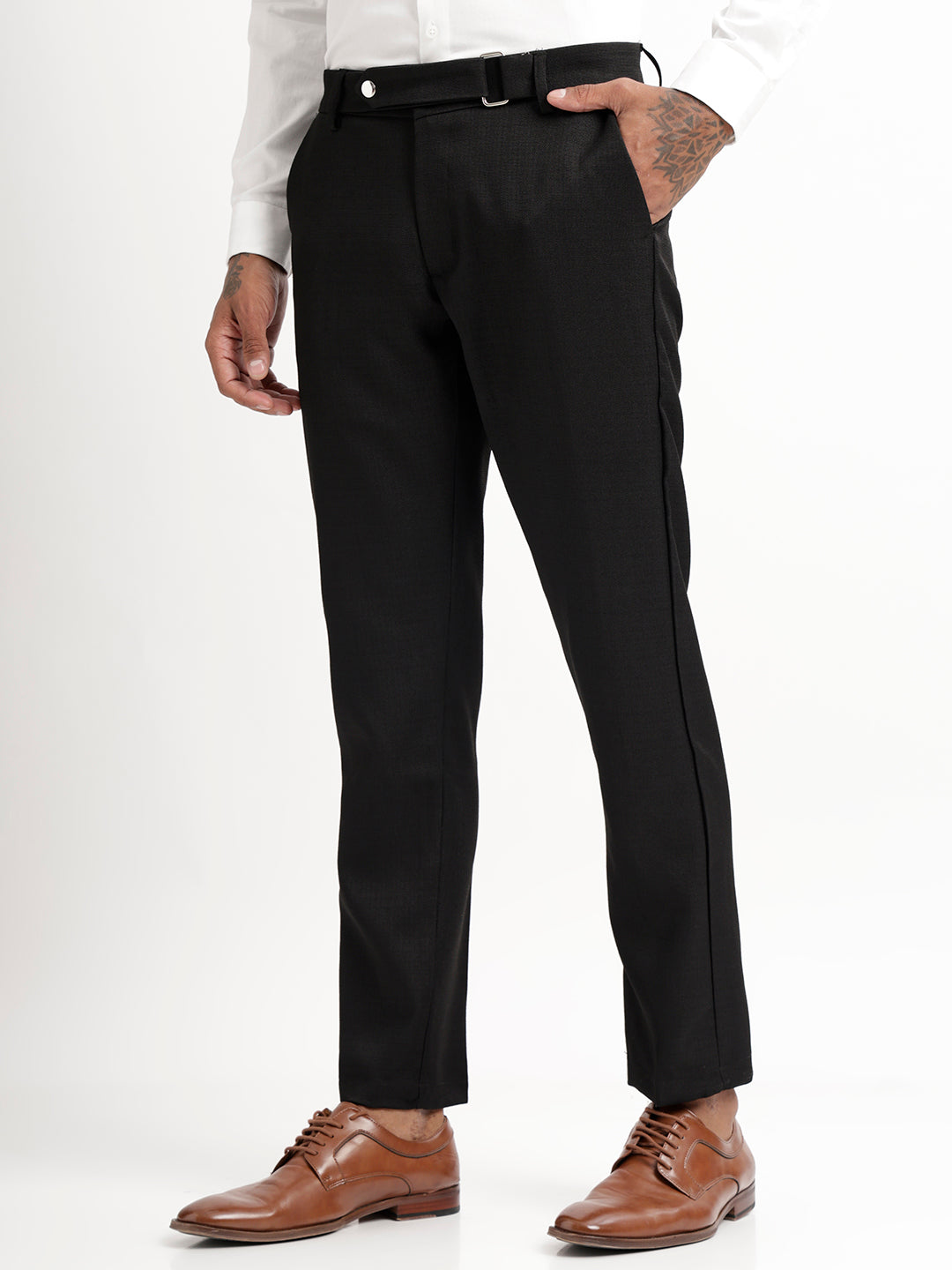 Textured White Slim Fit Trousers Black