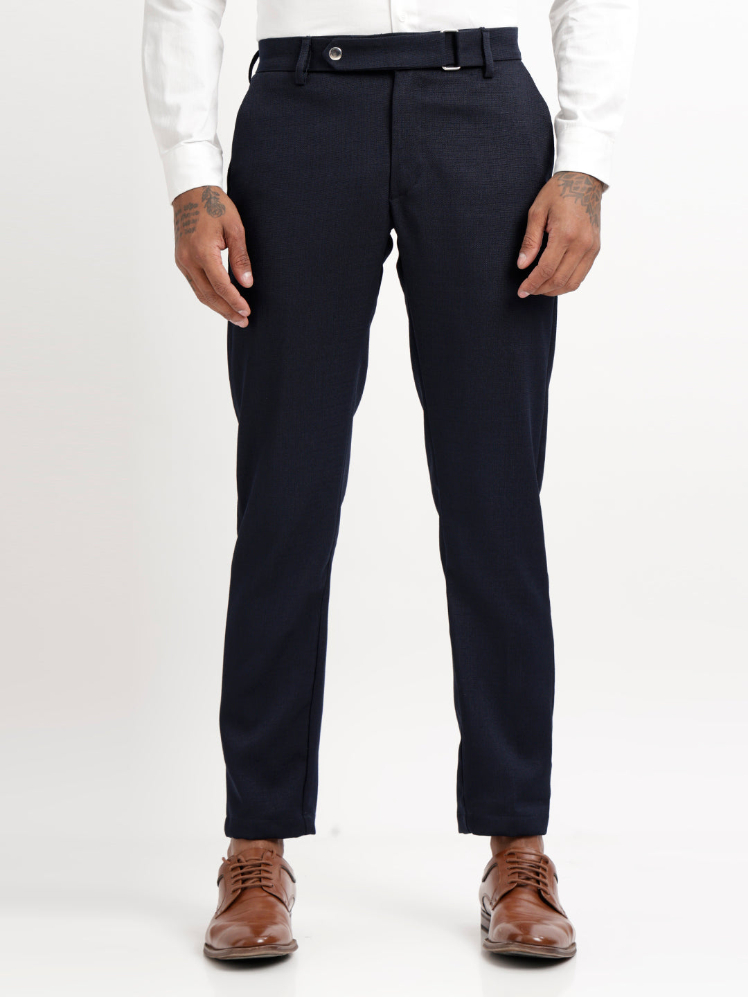 Textured White Slim Fit Trousers Navy