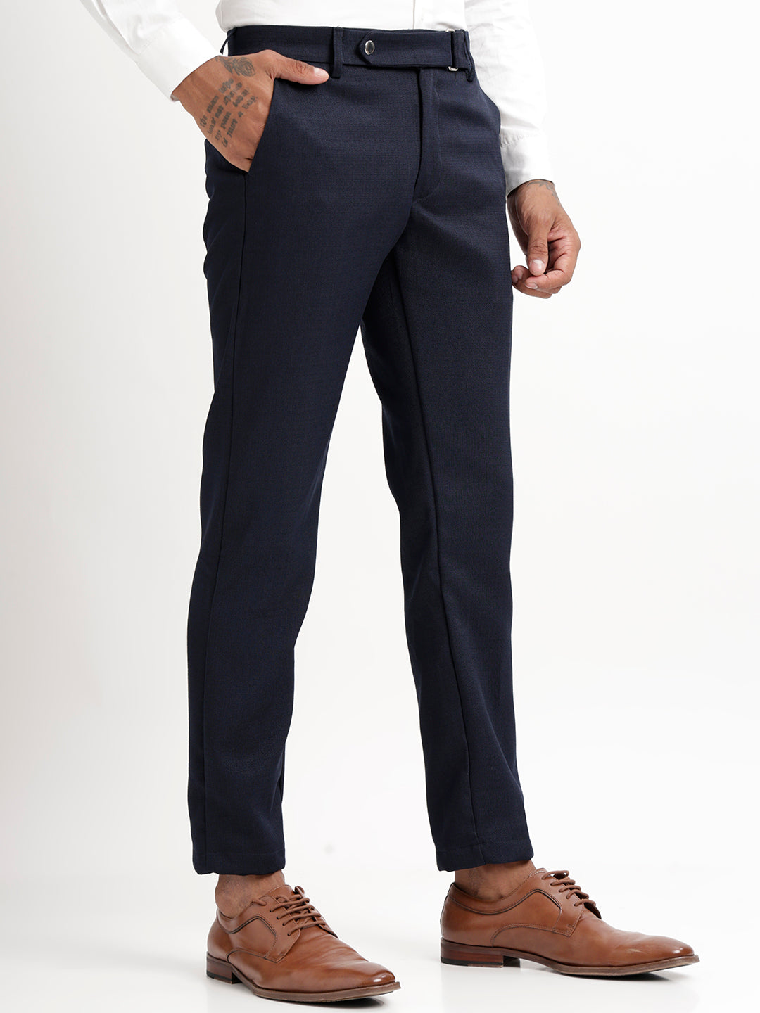 Textured White Slim Fit Trousers Navy