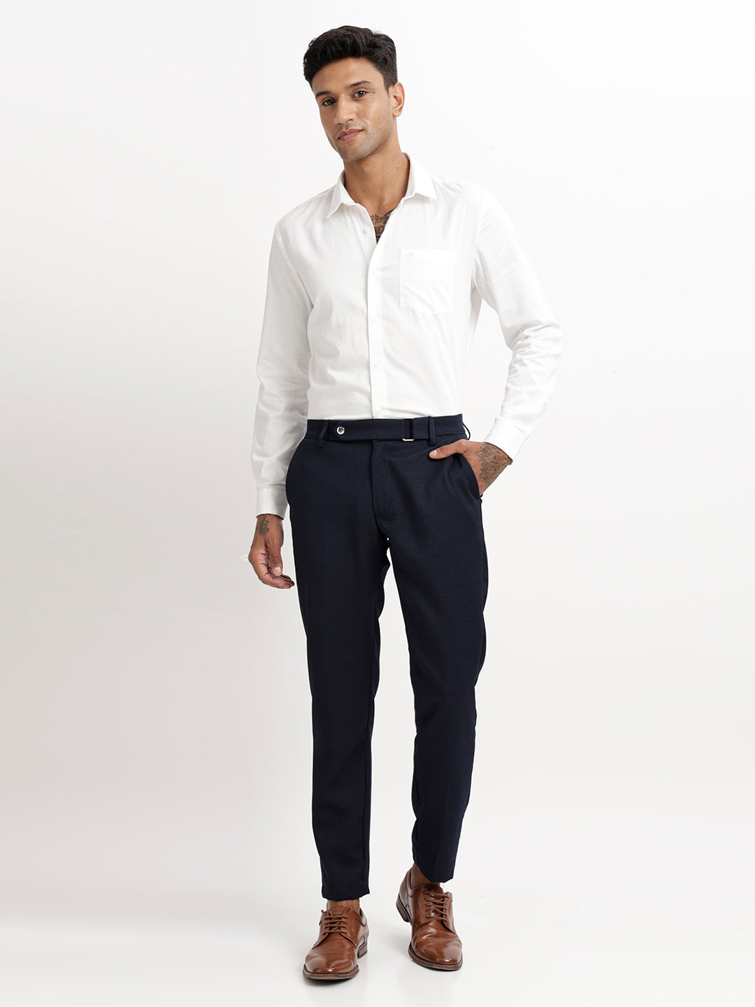 Textured White Slim Fit Trousers Navy