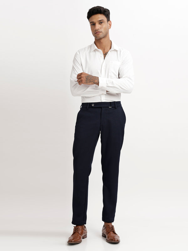 Textured White Slim Fit Trousers Navy