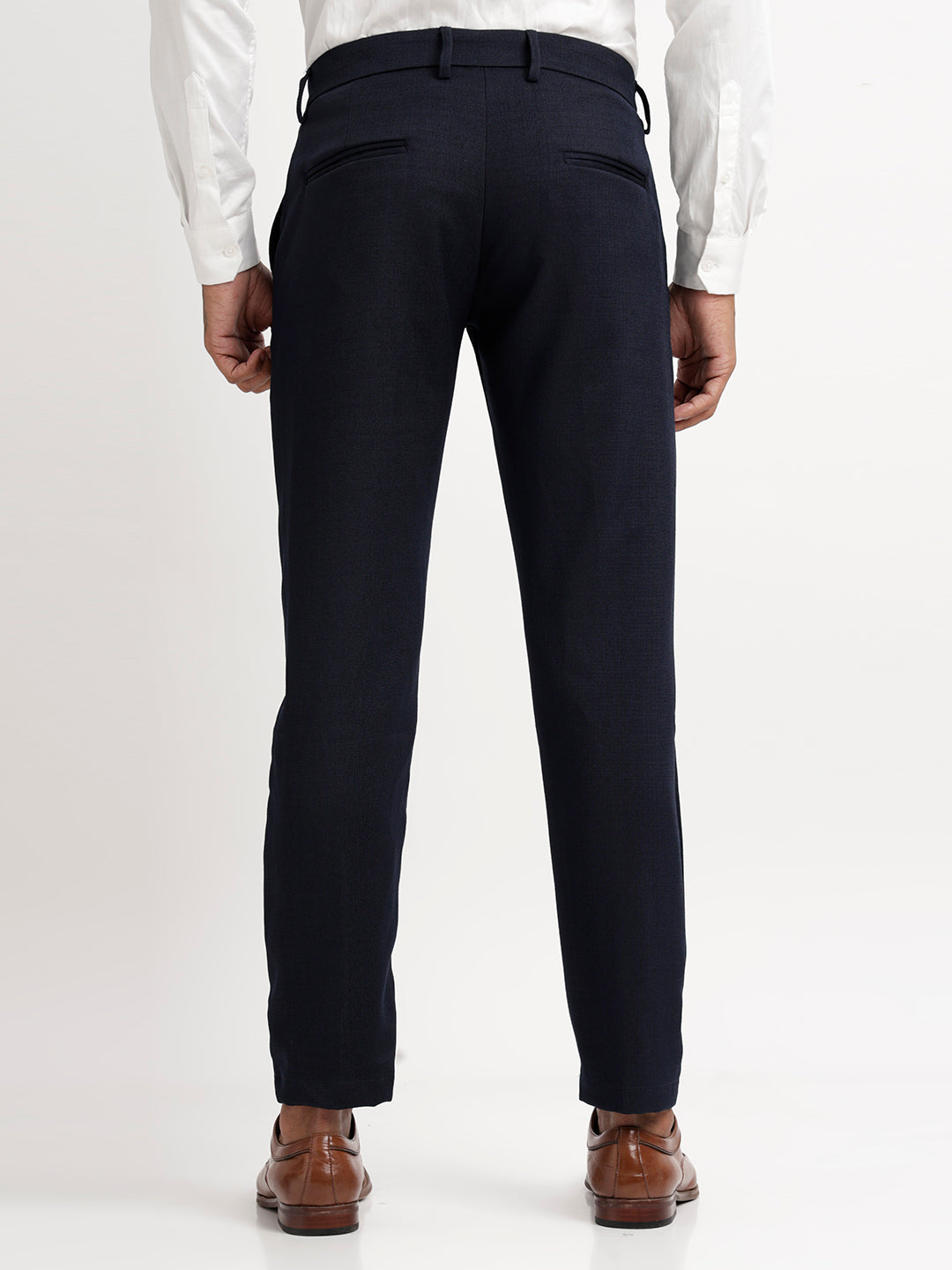 Textured White Slim Fit Trousers Navy