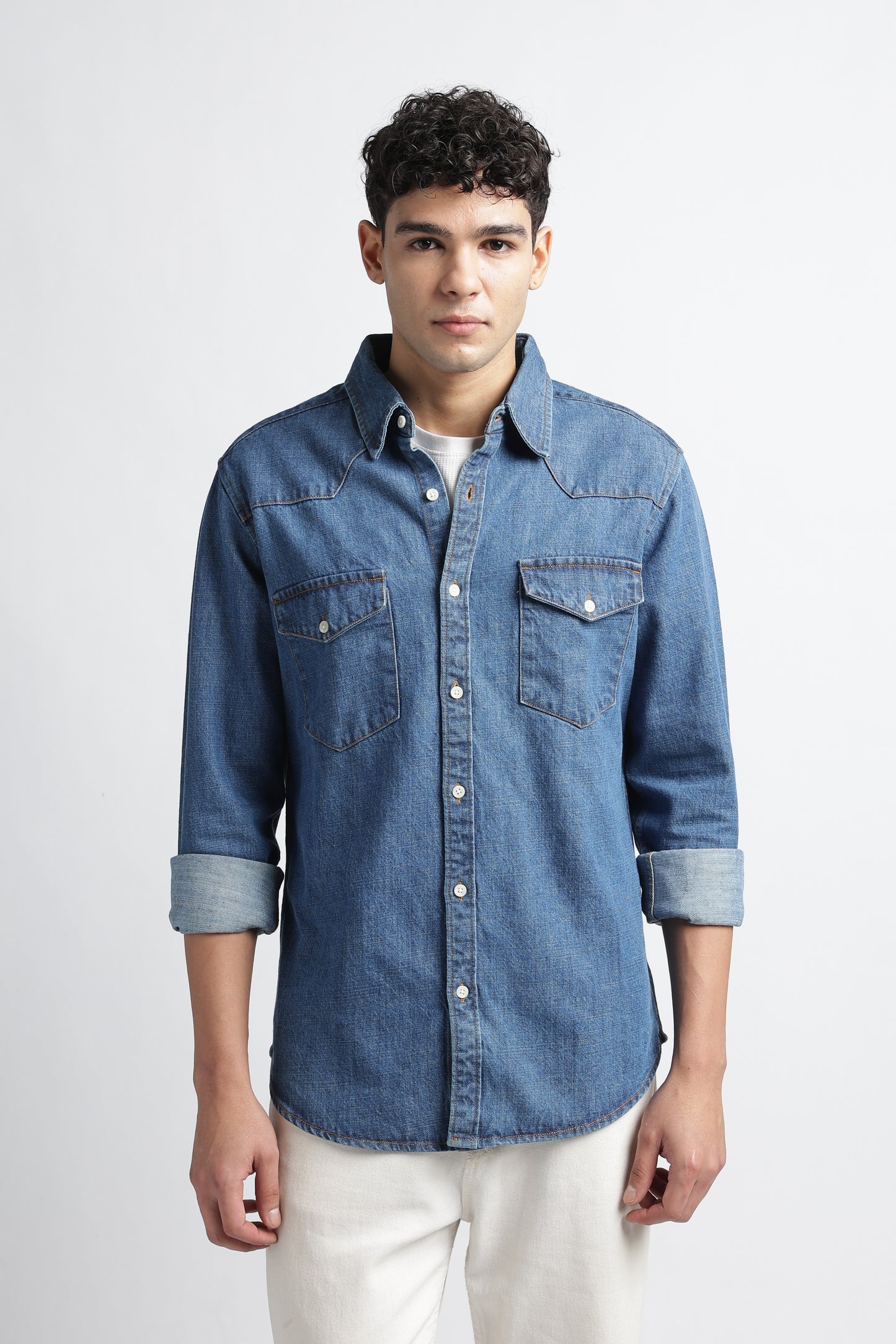 Mid Blue Western Denim Shirt for Men
