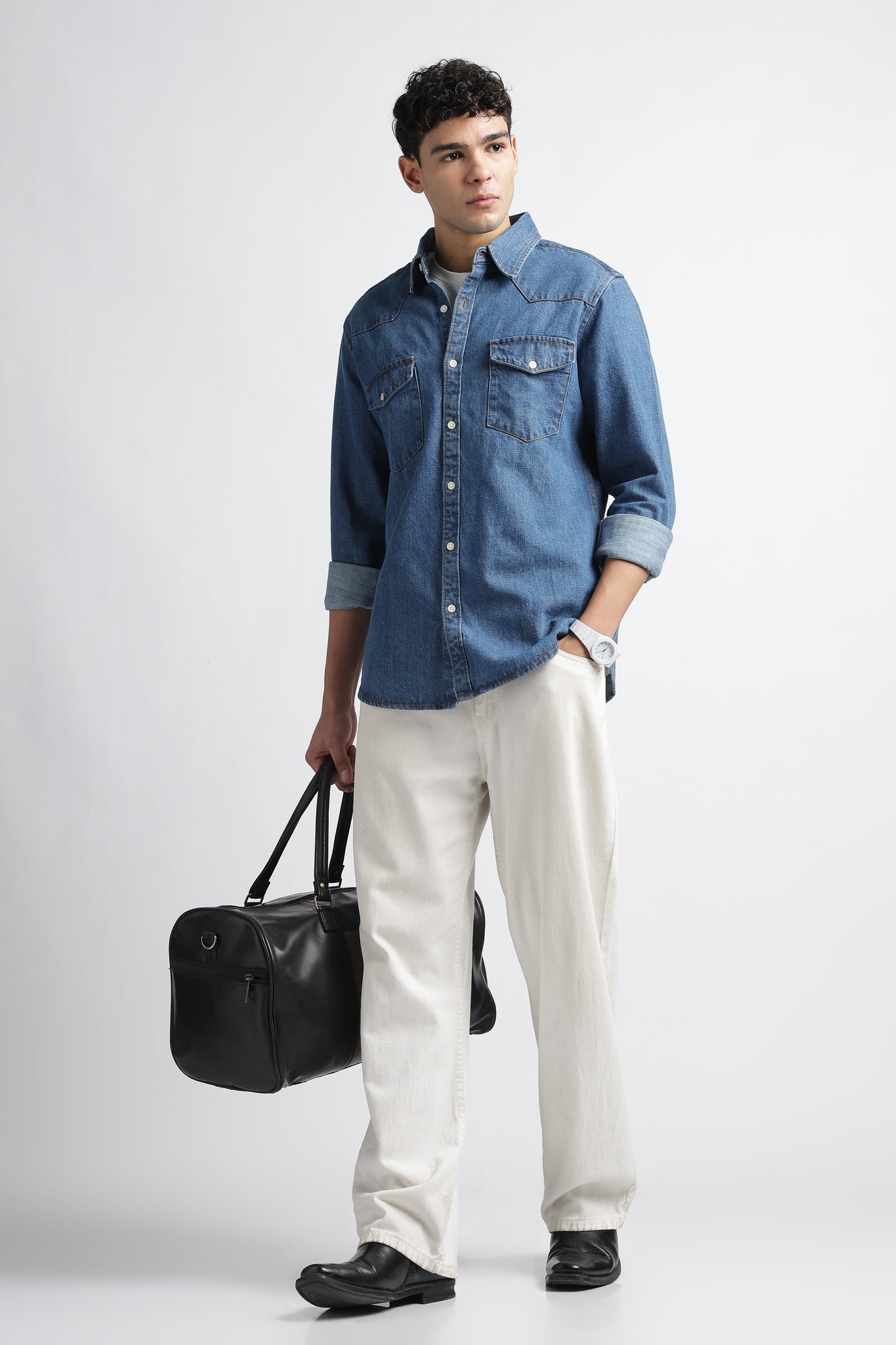 Mid Blue Western Denim Shirt for Men