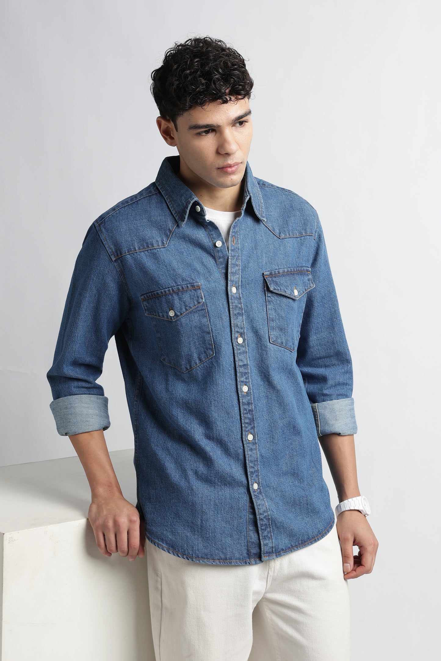 Mid Blue Western Denim Shirt for Men