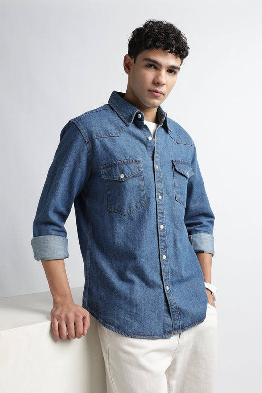 Men's Mid Blue Denim Cargo Shirt - Double Pocket