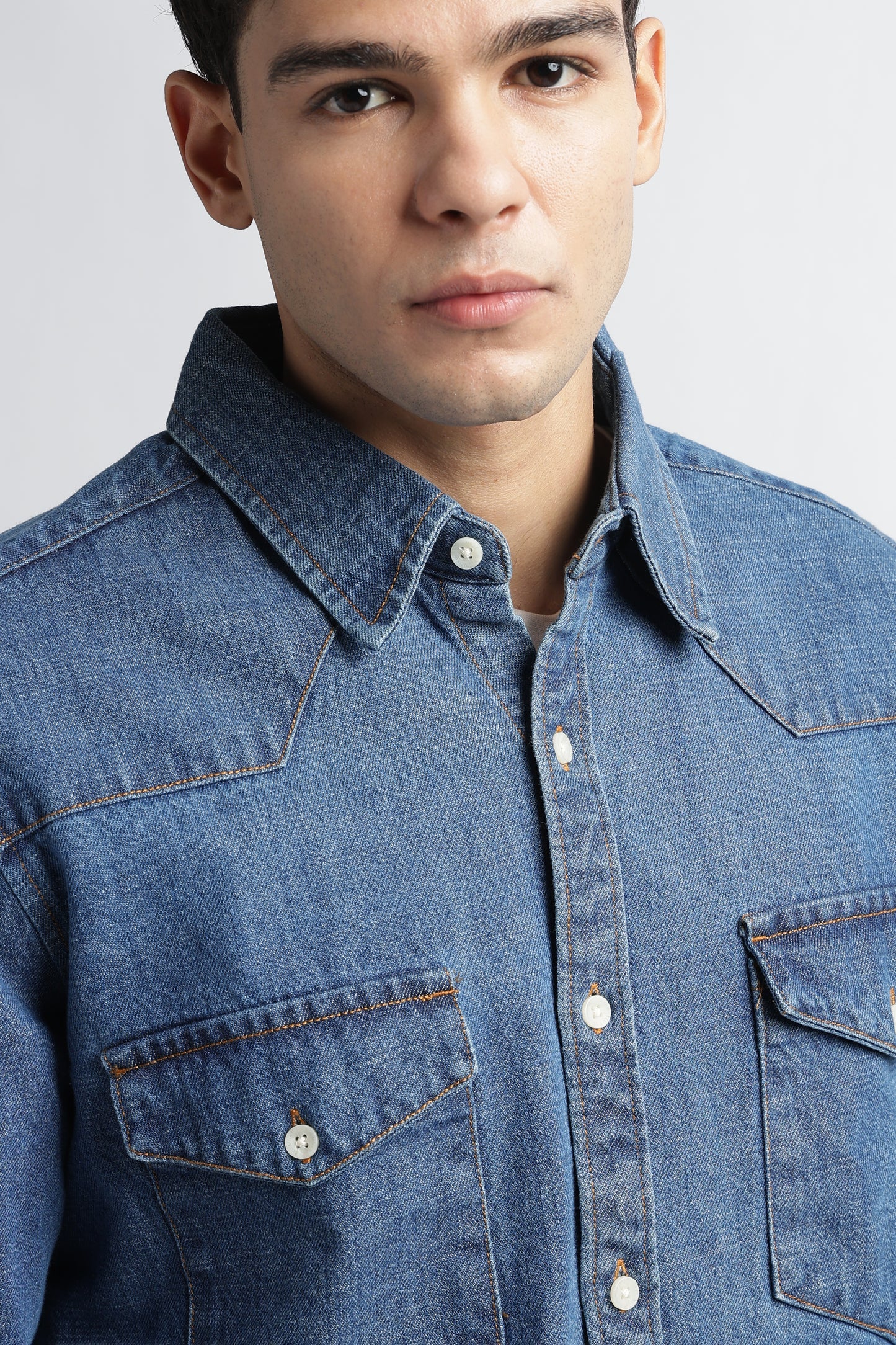 Mid Blue Western Denim Shirt for Men