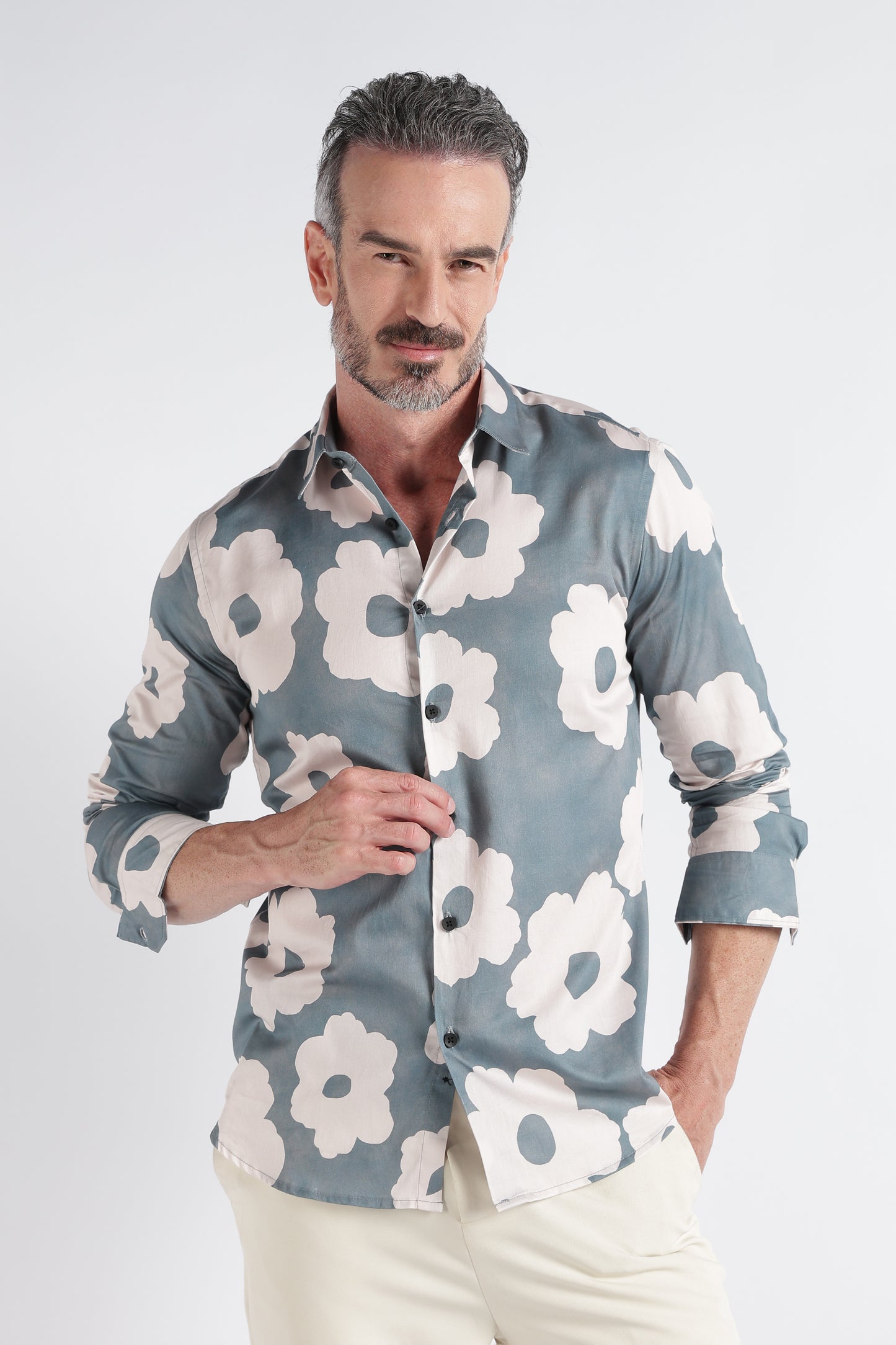 Olive Beige Floral Print Shirt - Slim Fit Party Wear