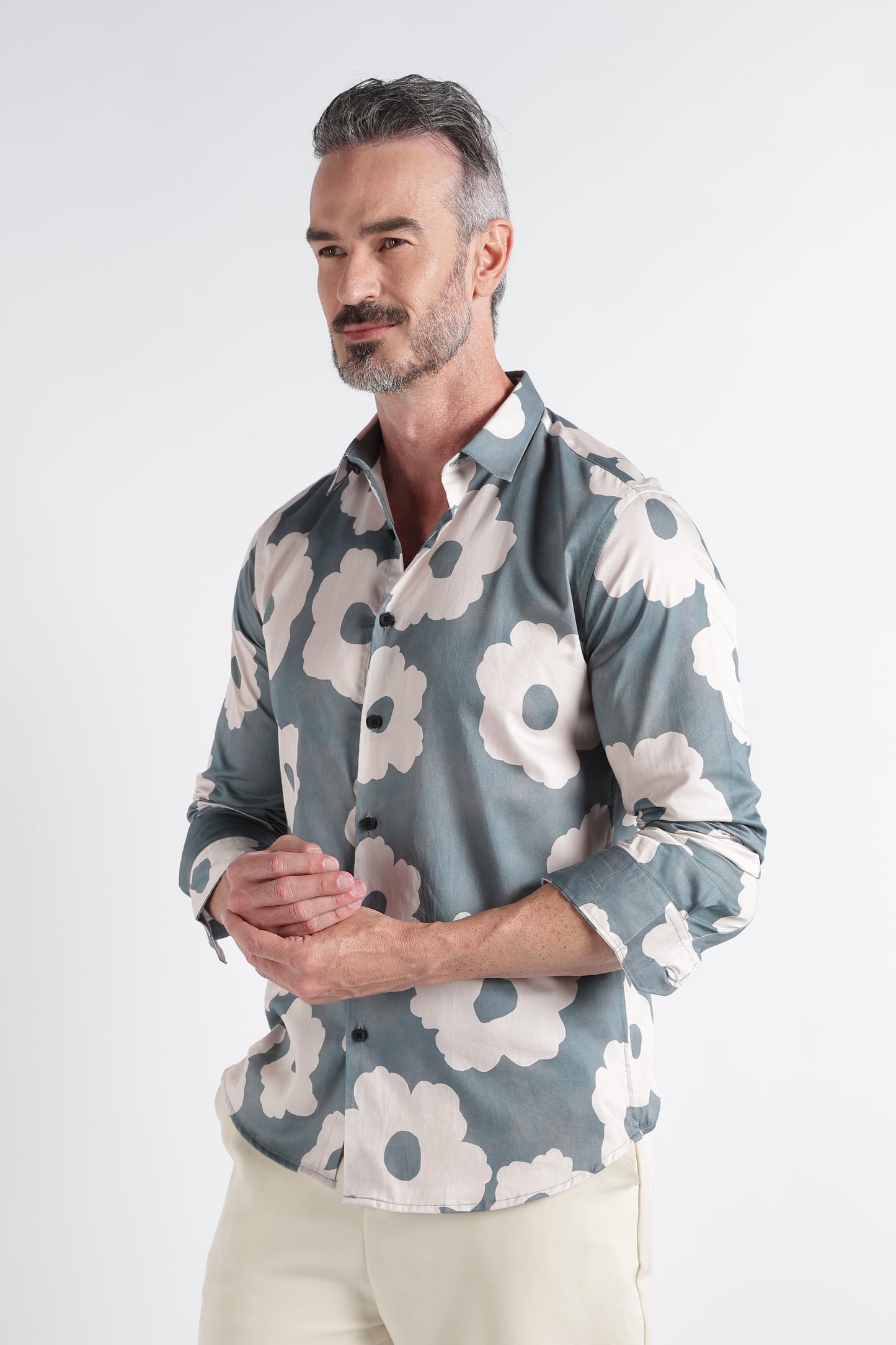 Olive Beige Floral Print Shirt - Slim Fit Party Wear