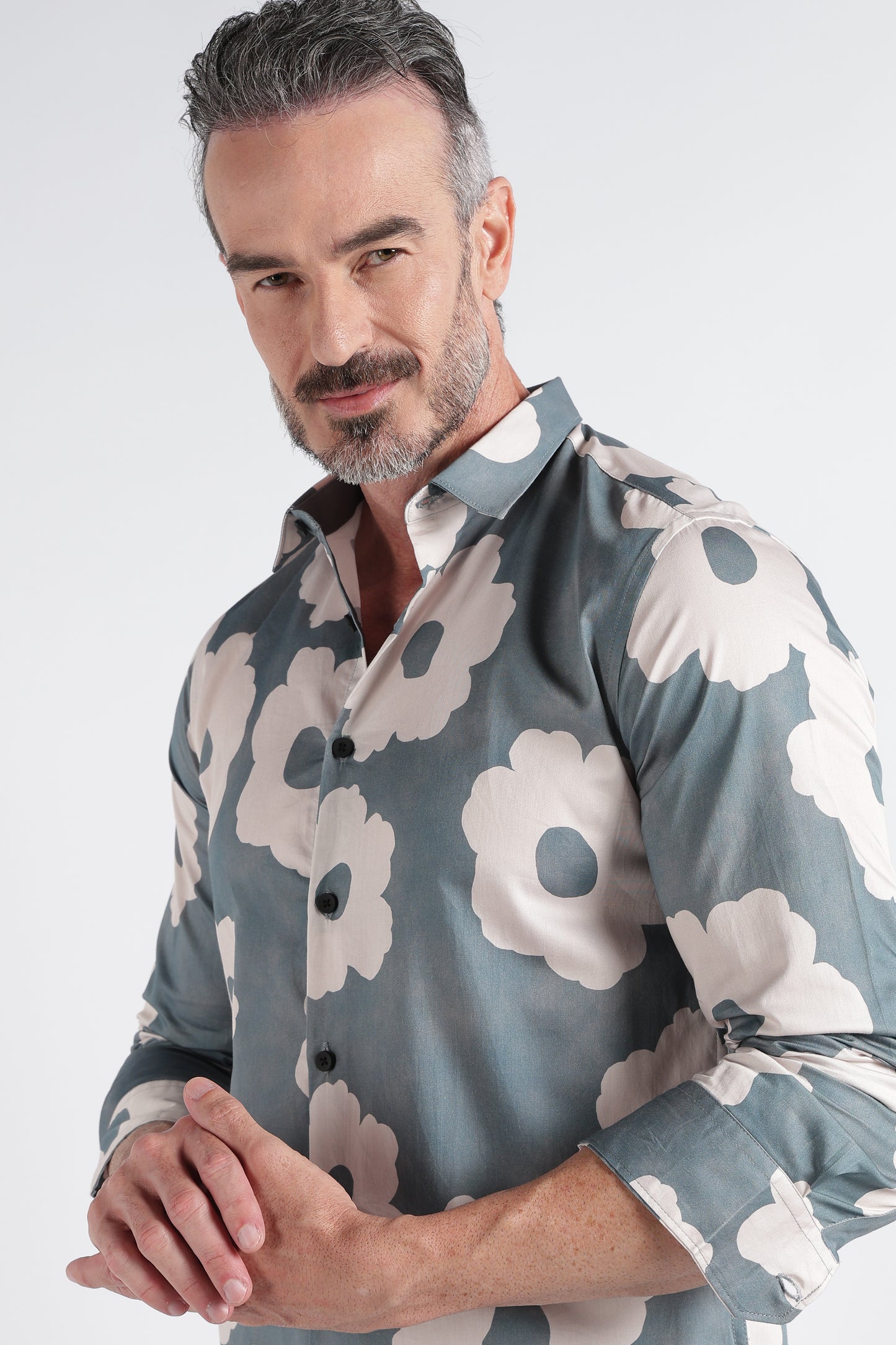 Olive Beige Floral Print Shirt - Slim Fit Party Wear