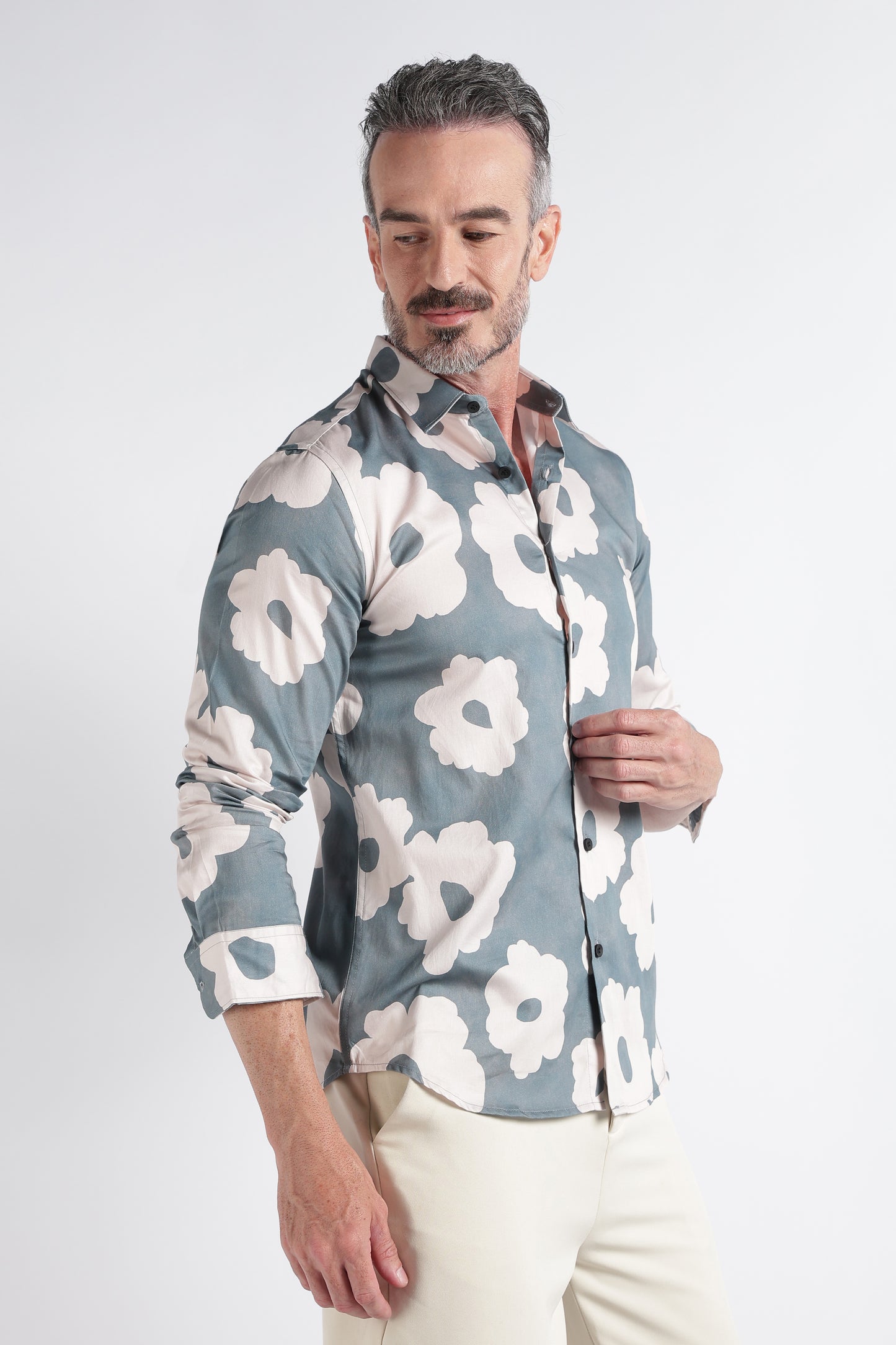 Olive Beige Floral Print Shirt - Slim Fit Party Wear