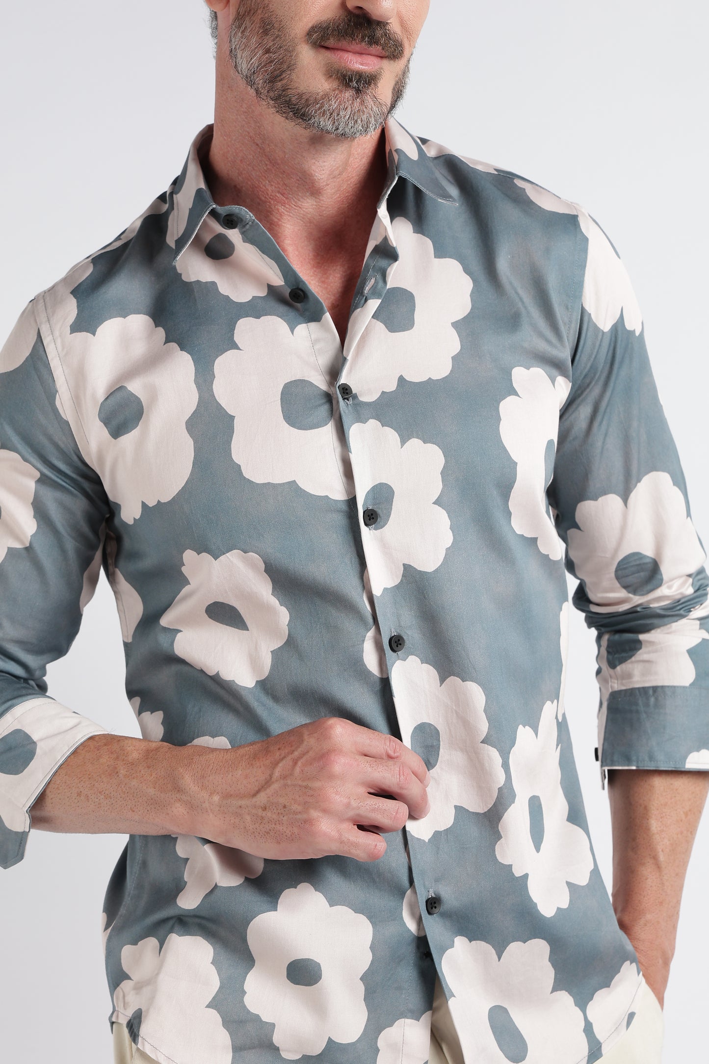 Olive Beige Floral Print Shirt - Slim Fit Party Wear