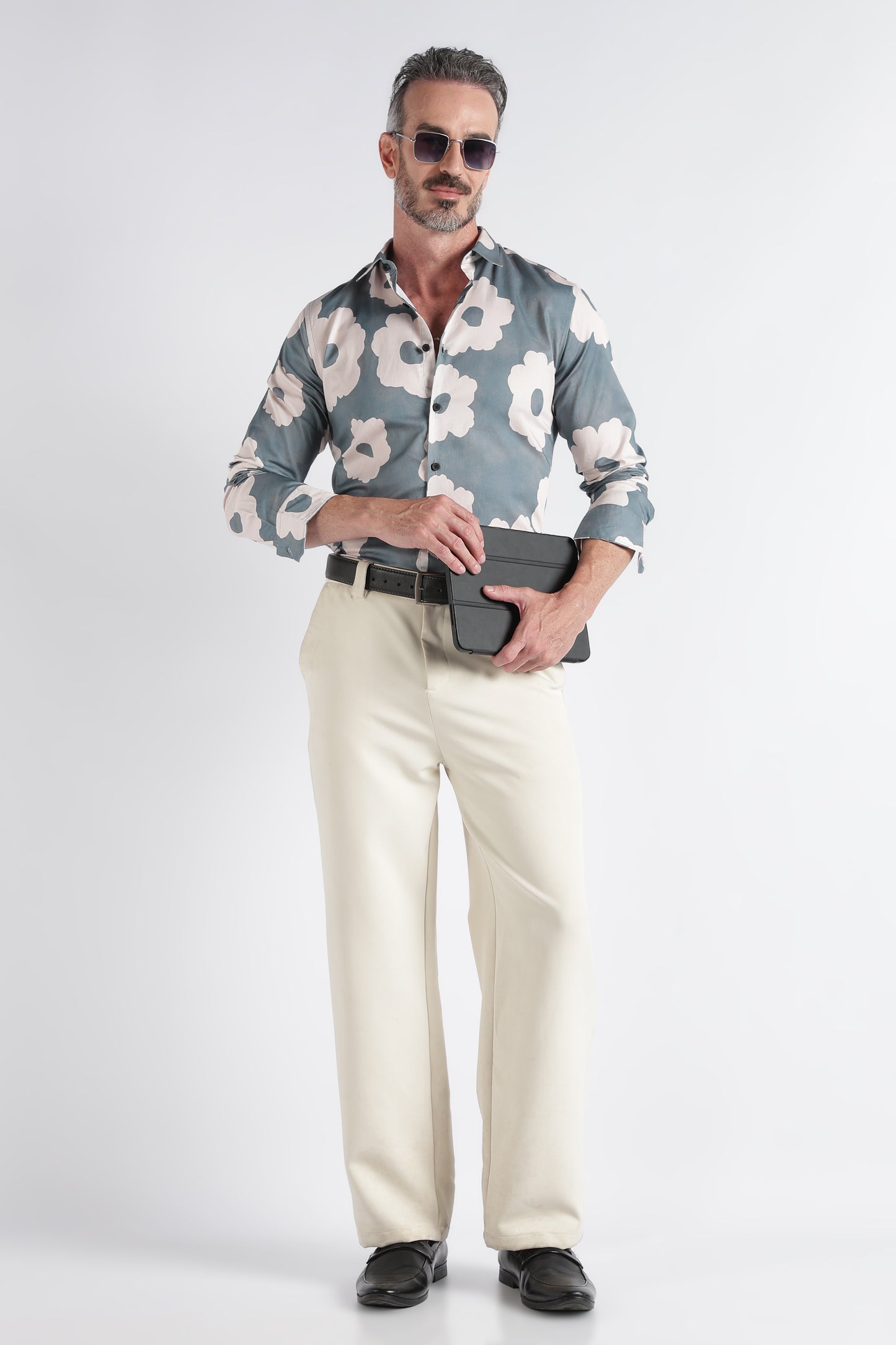 Olive Beige Floral Print Shirt - Slim Fit Party Wear