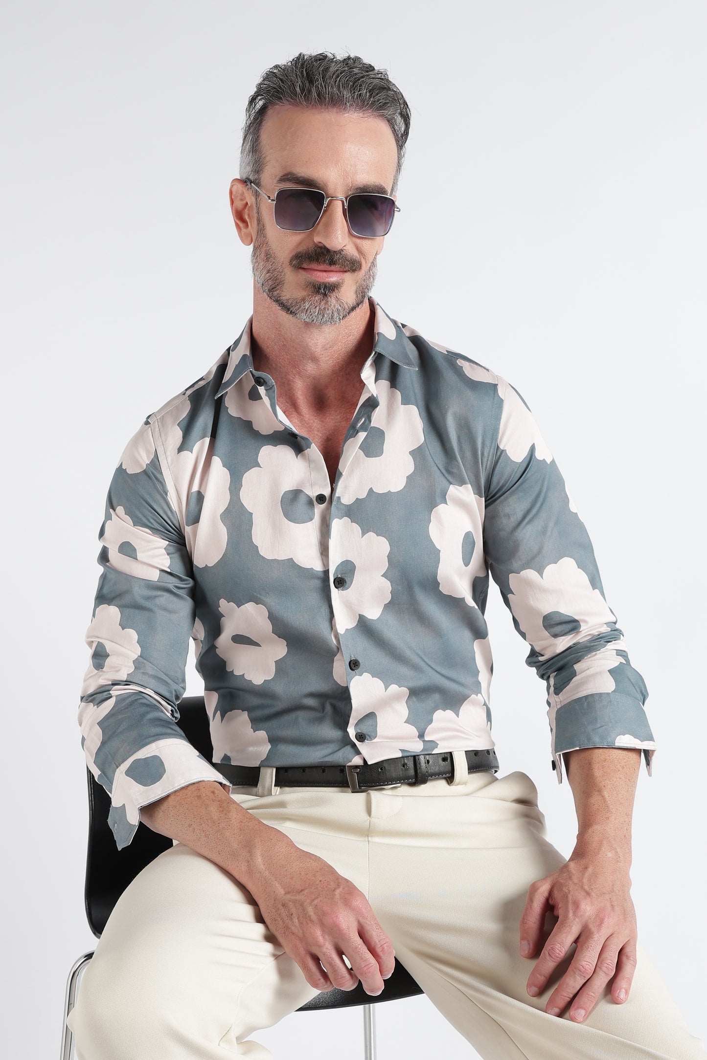 Olive Beige Floral Print Shirt - Slim Fit Party Wear