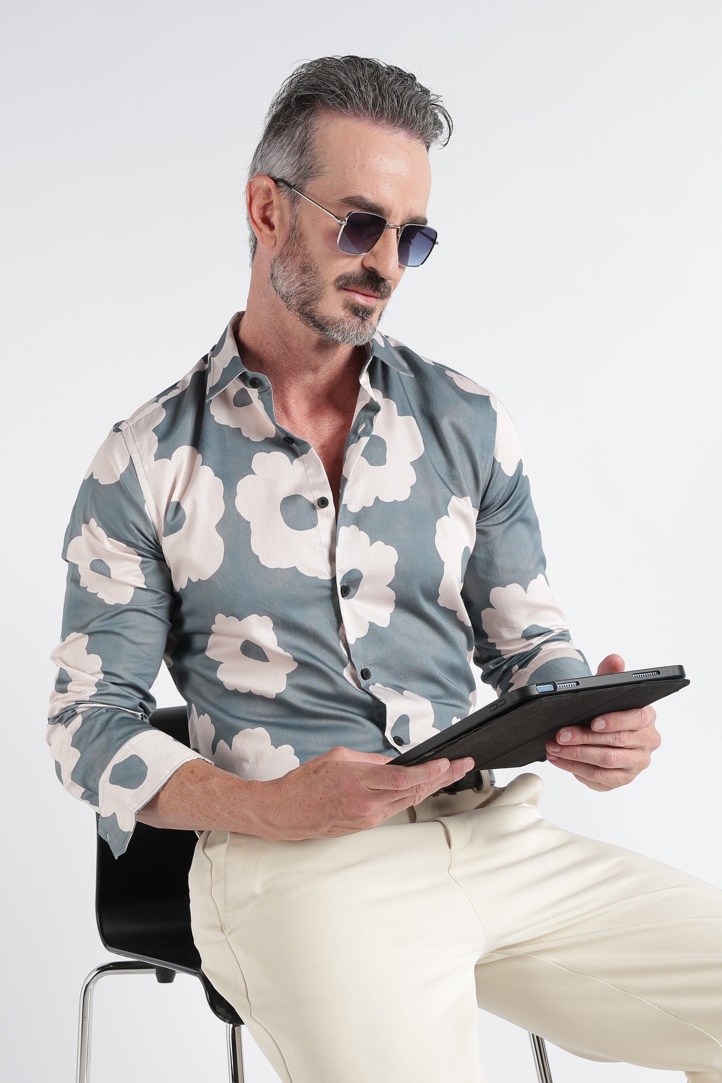 Olive Beige Floral Print Shirt - Slim Fit Party Wear