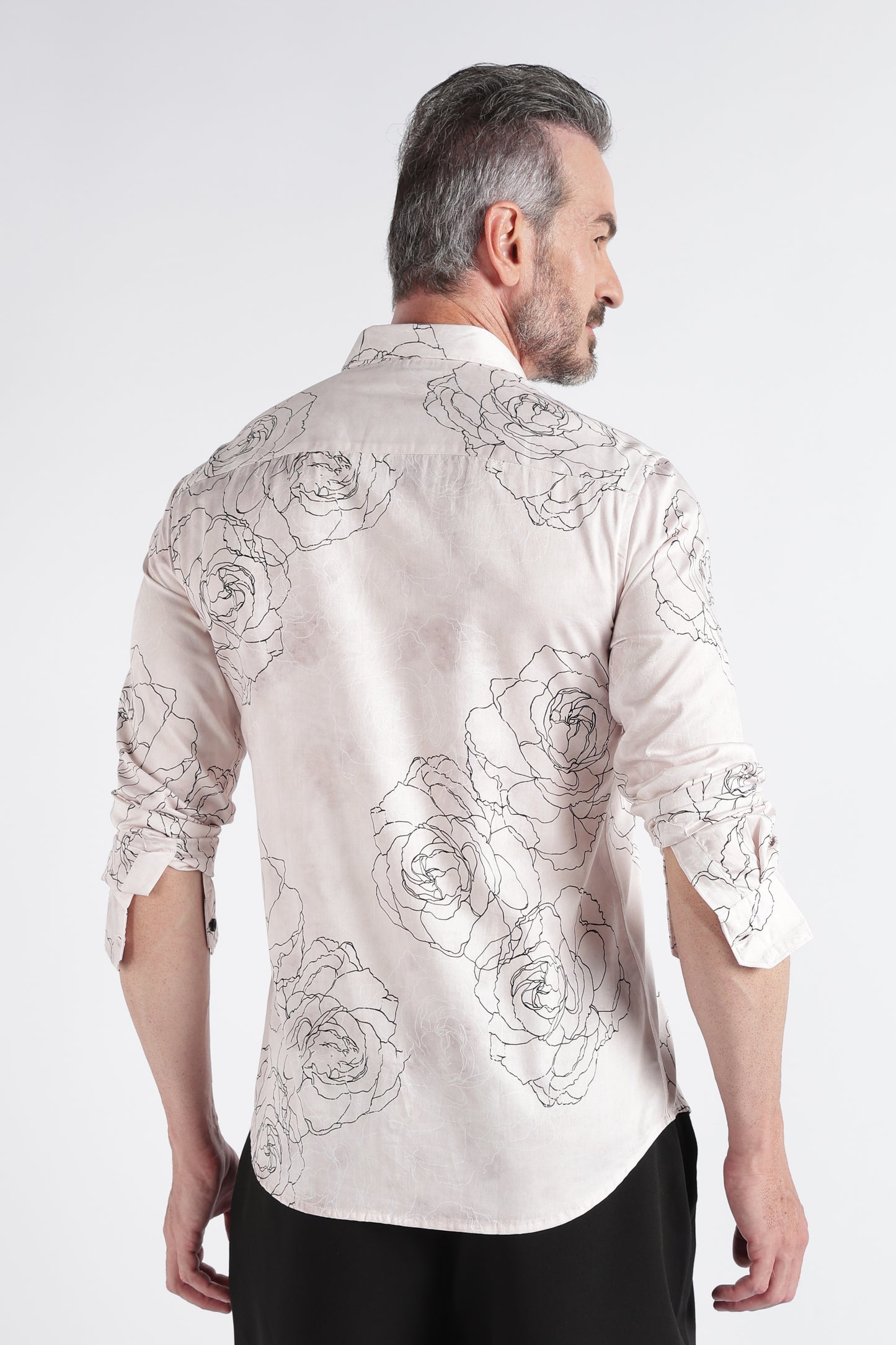 Cream Black Floral Print Shirt - Slim Fit Party Wear