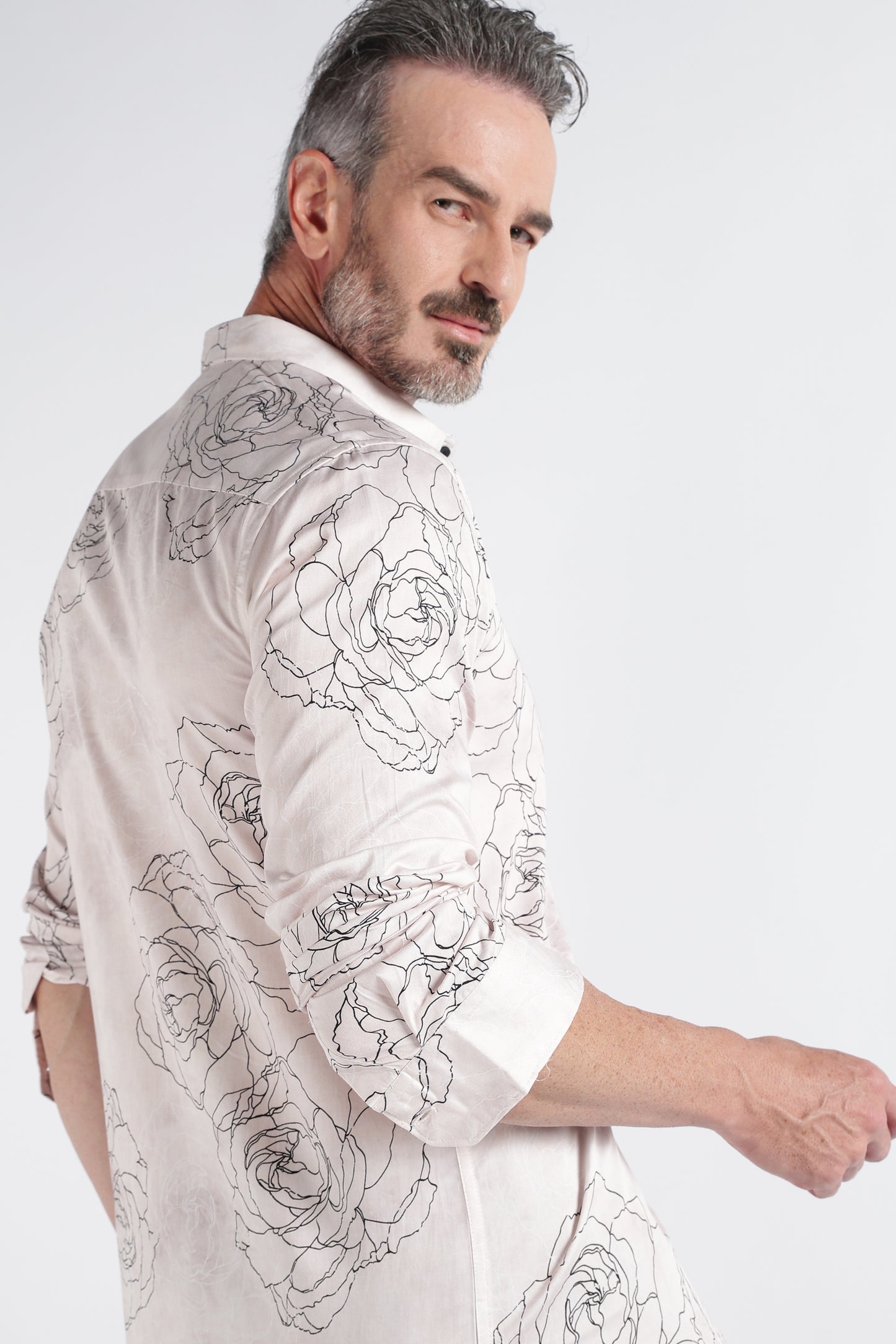Cream Black Floral Print Shirt - Slim Fit Party Wear