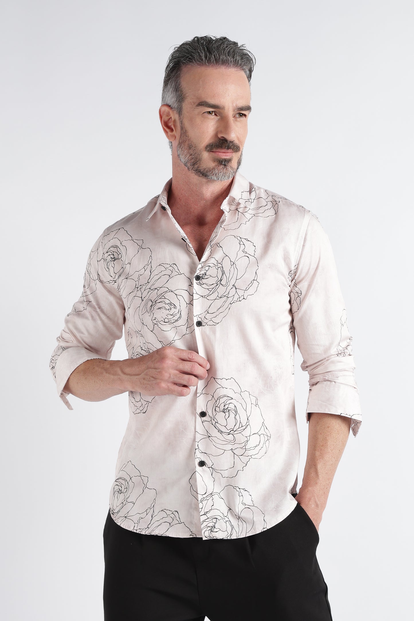 Cream Black Floral Print Shirt - Slim Fit Party Wear