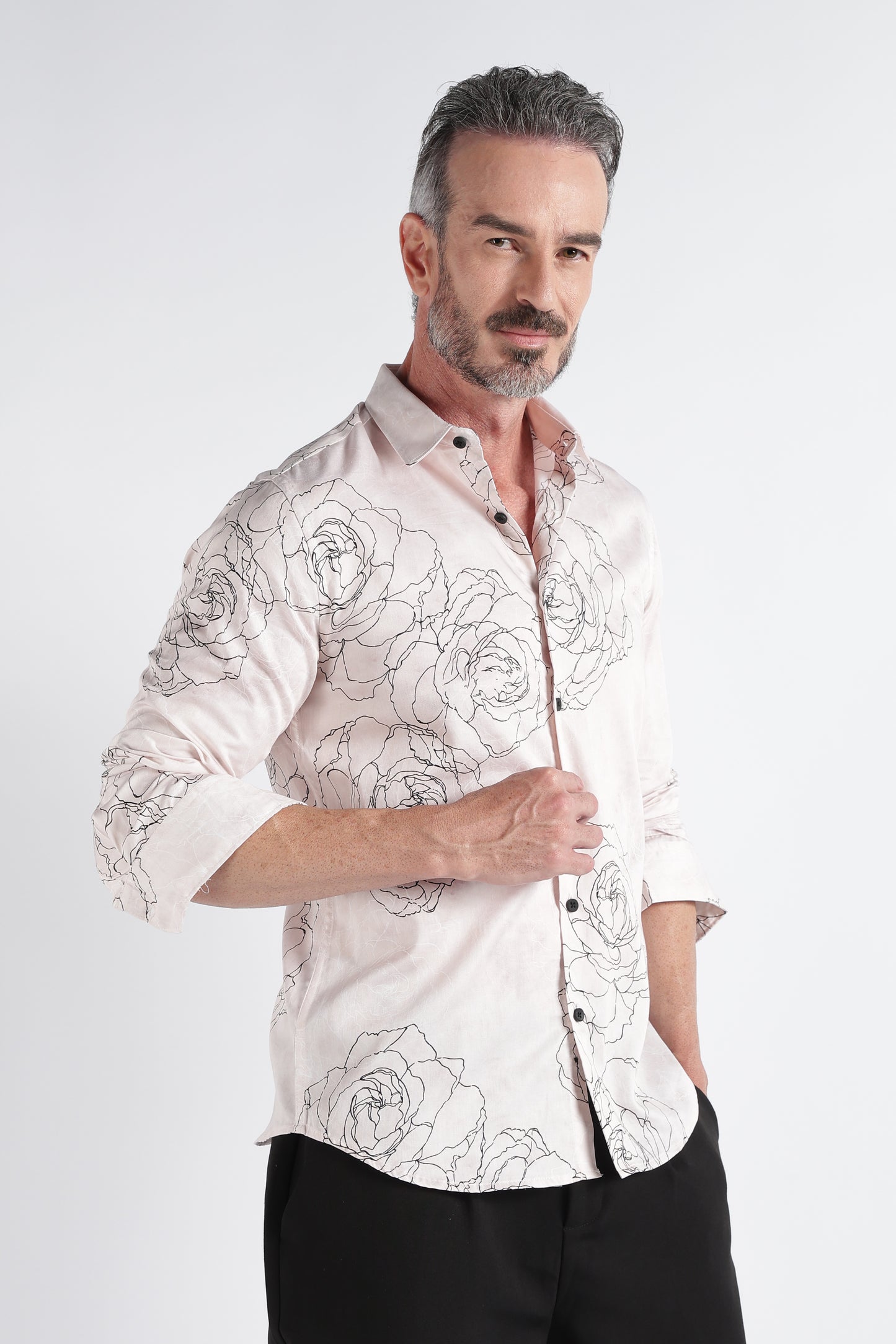 Cream Black Floral Print Shirt - Slim Fit Party Wear