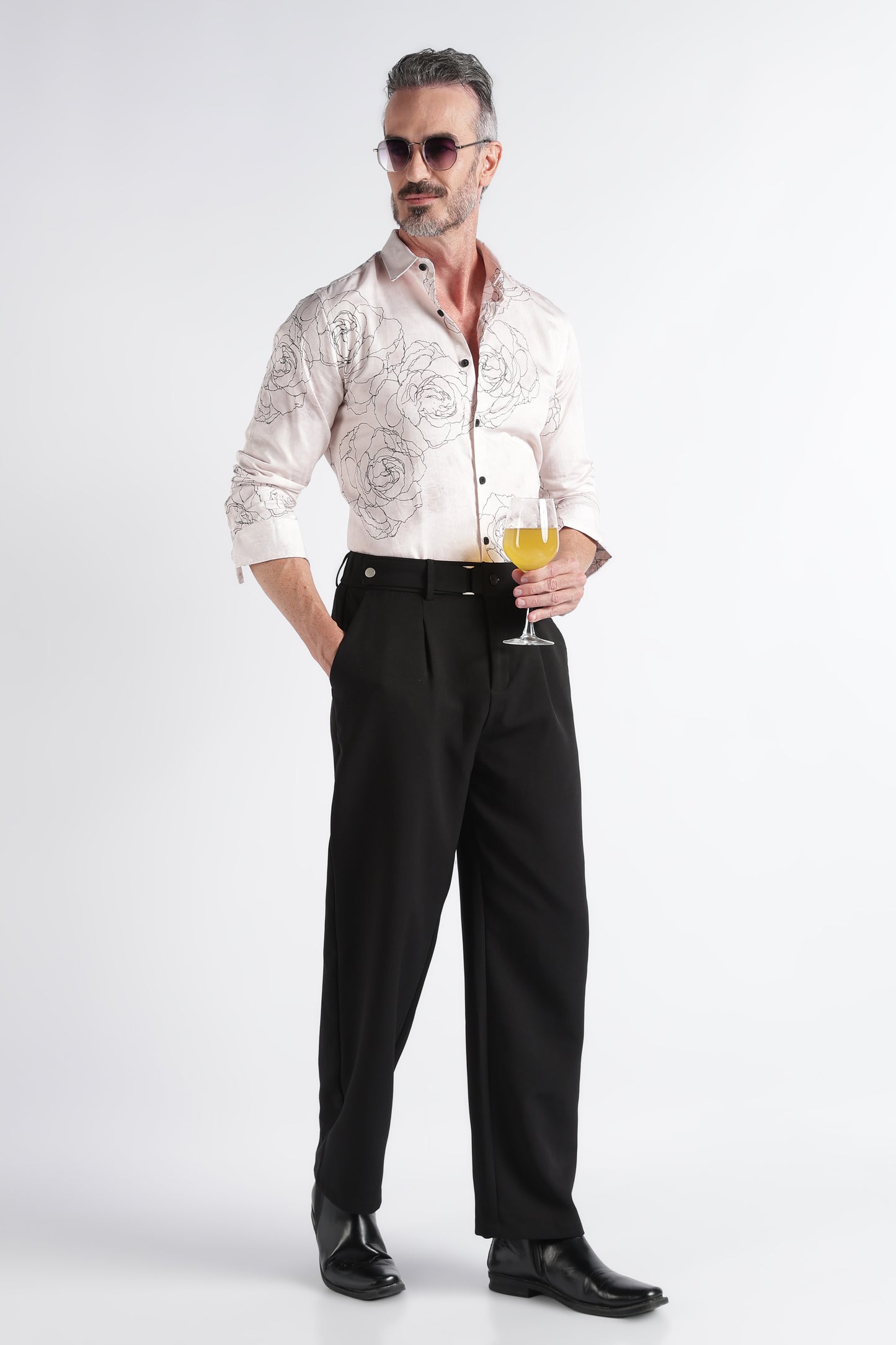 Cream Black Floral Print Shirt - Slim Fit Party Wear