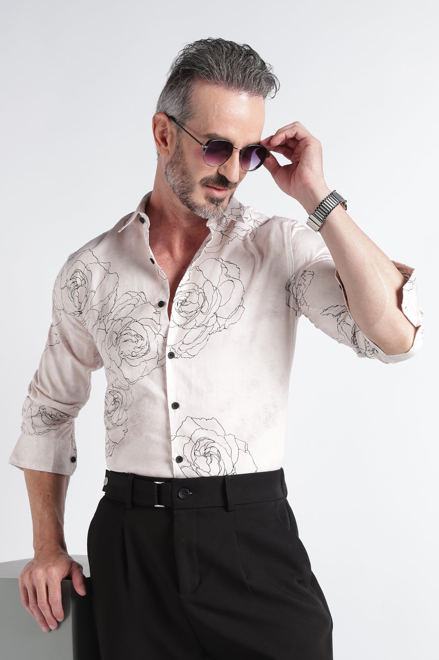 Cream Black Floral Print Shirt - Slim Fit Party Wear