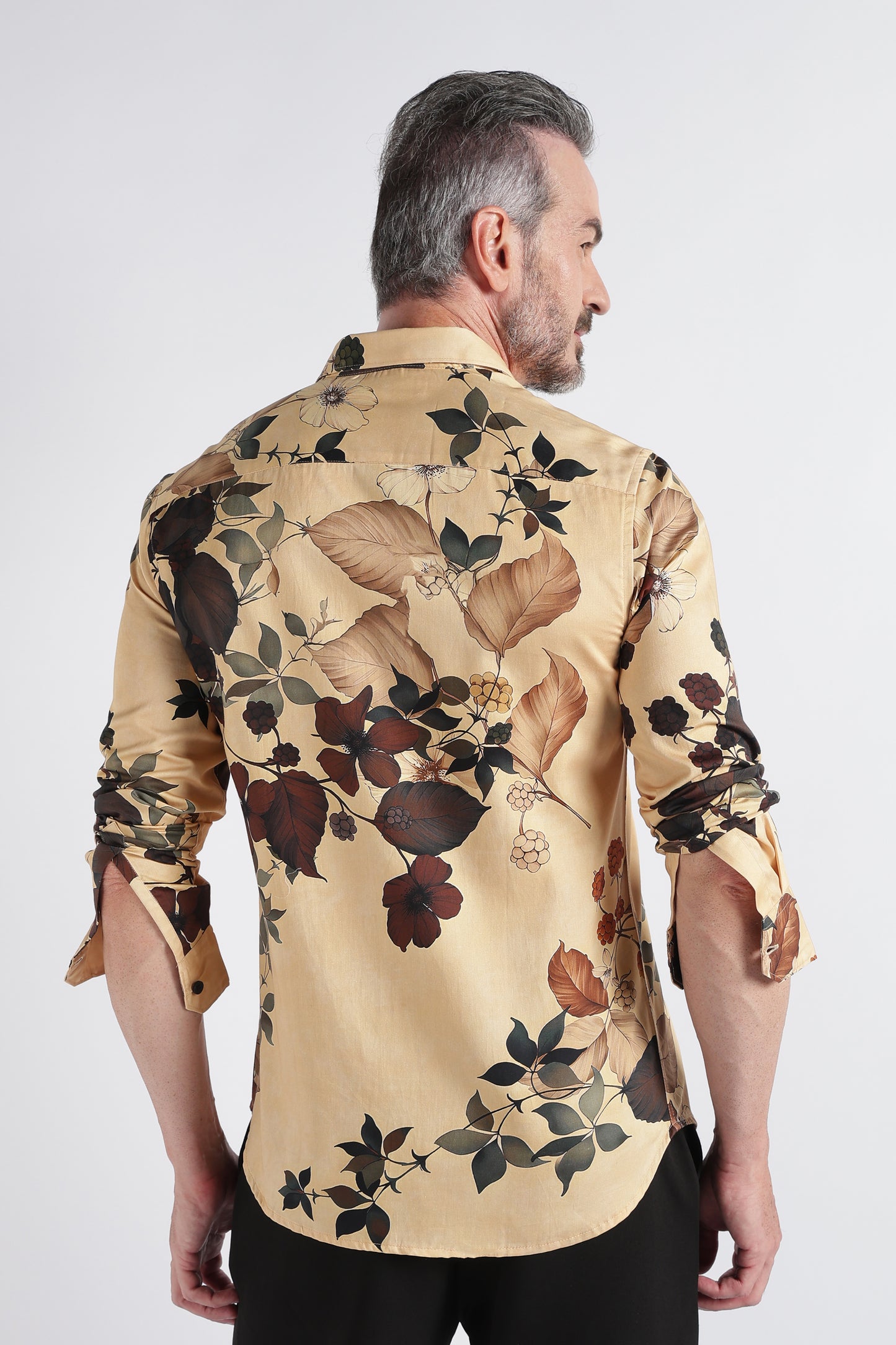 Brown Yellow Floral Print Shirt - Slim Fit Party Wear