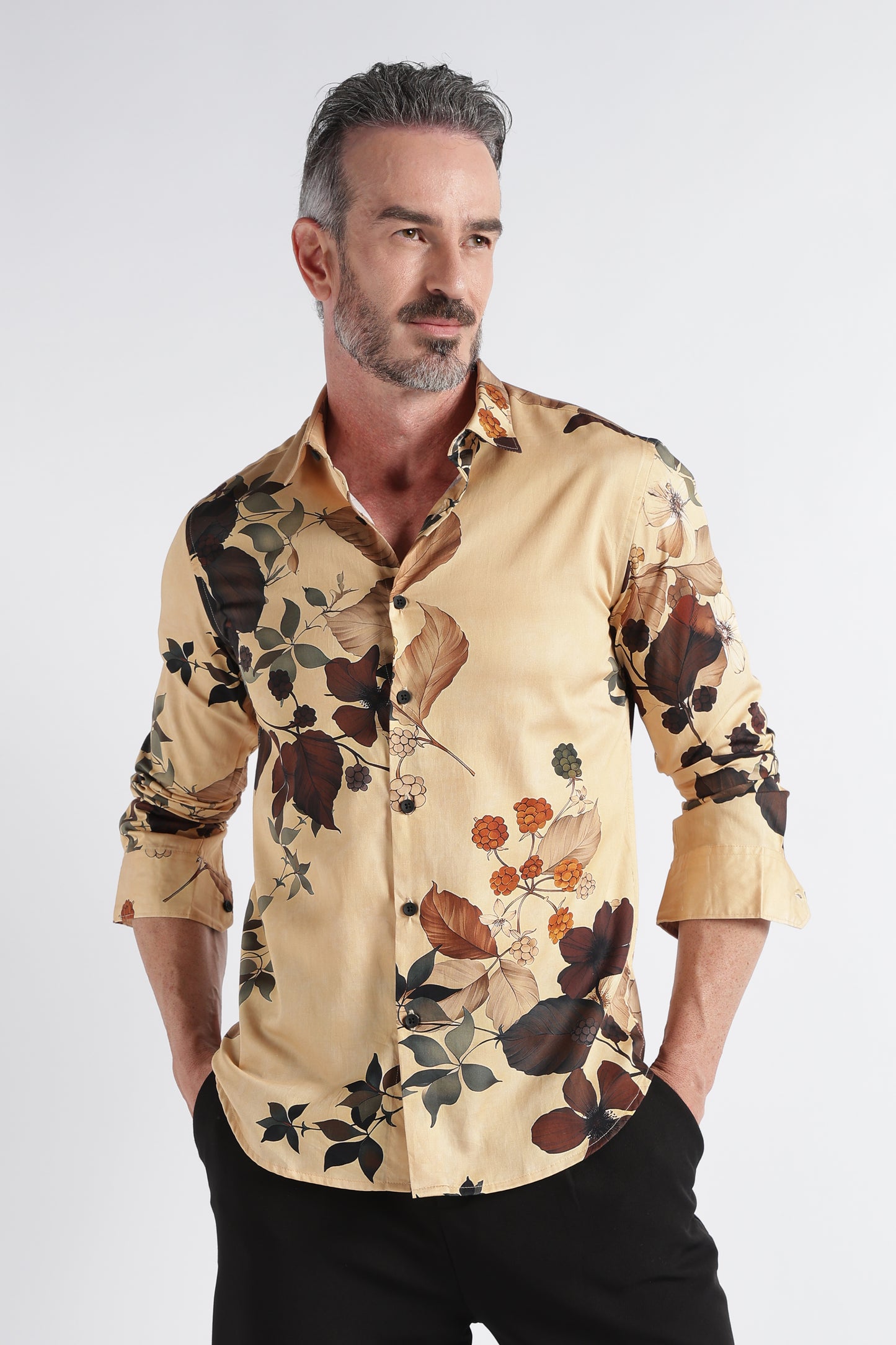 Brown Yellow Floral Print Shirt - Slim Fit Party Wear