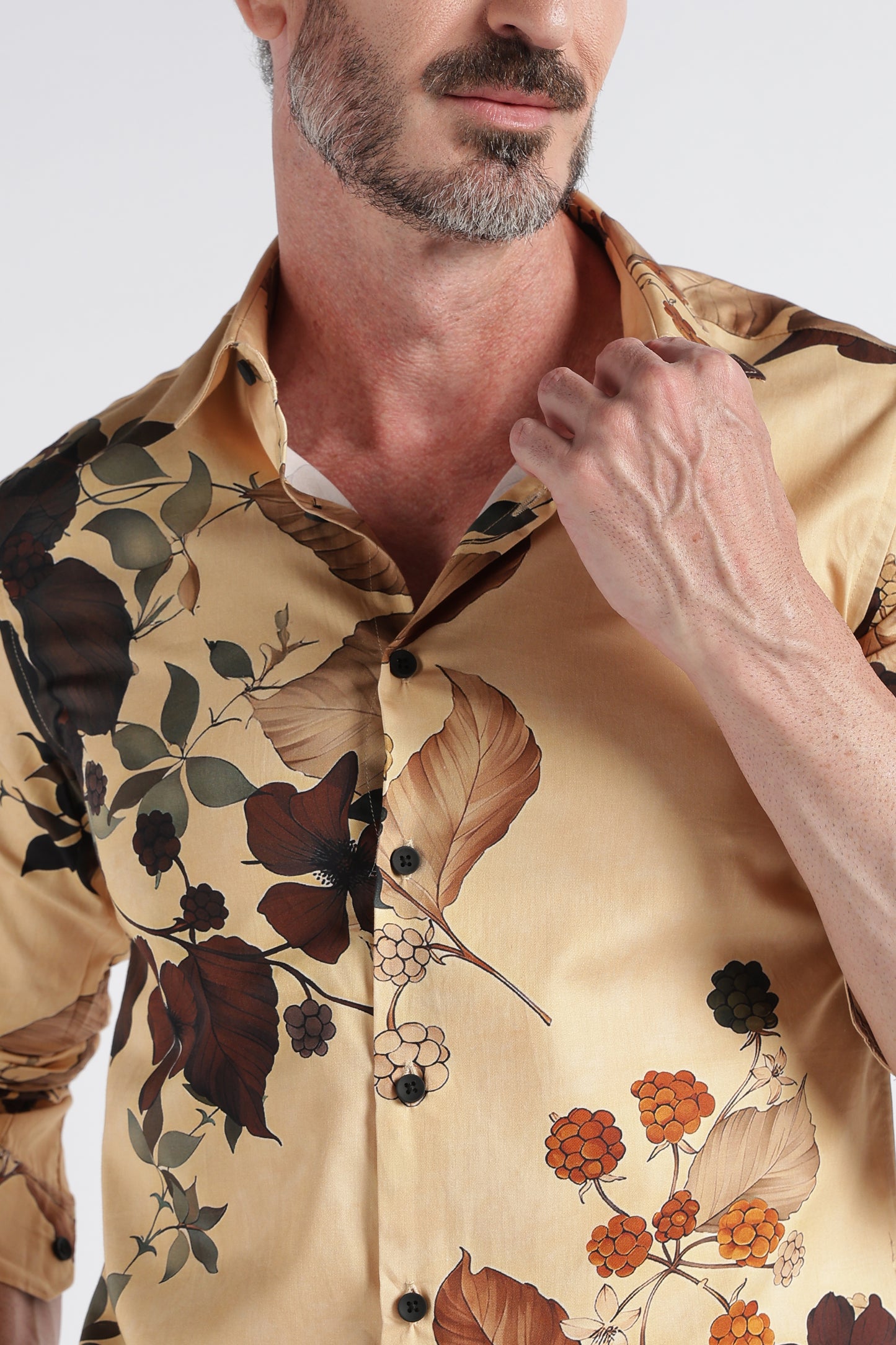 Brown Yellow Floral Print Shirt - Slim Fit Party Wear