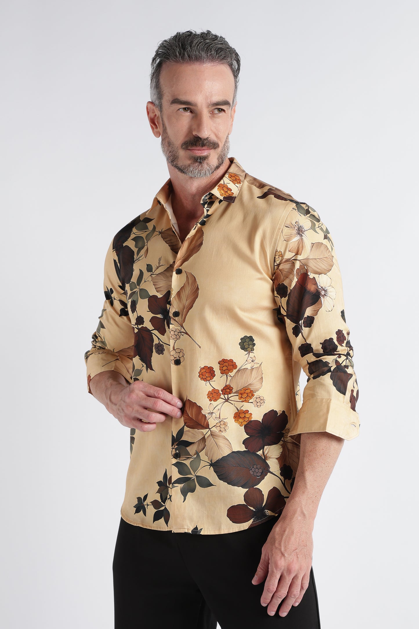 Brown Yellow Floral Print Shirt - Slim Fit Party Wear