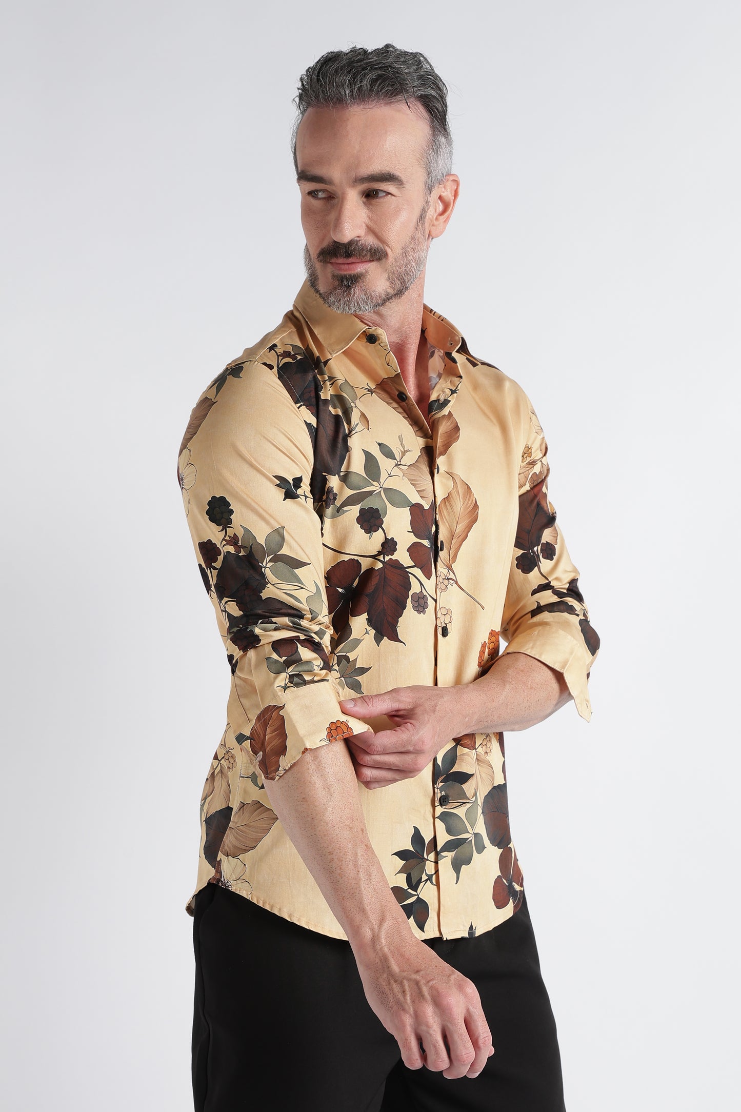 Brown Yellow Floral Print Shirt - Slim Fit Party Wear