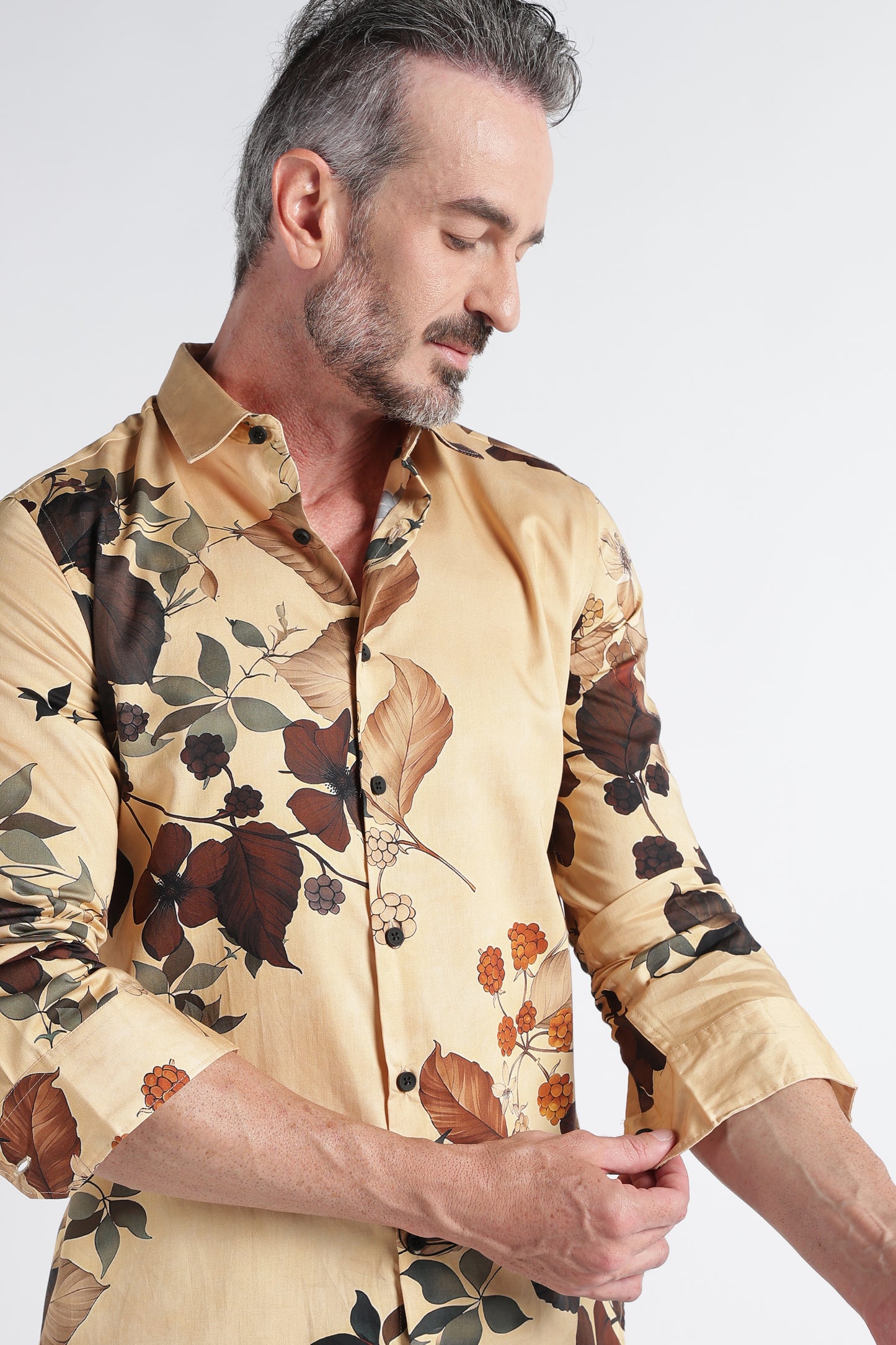 Brown Yellow Floral Print Shirt - Slim Fit Party Wear