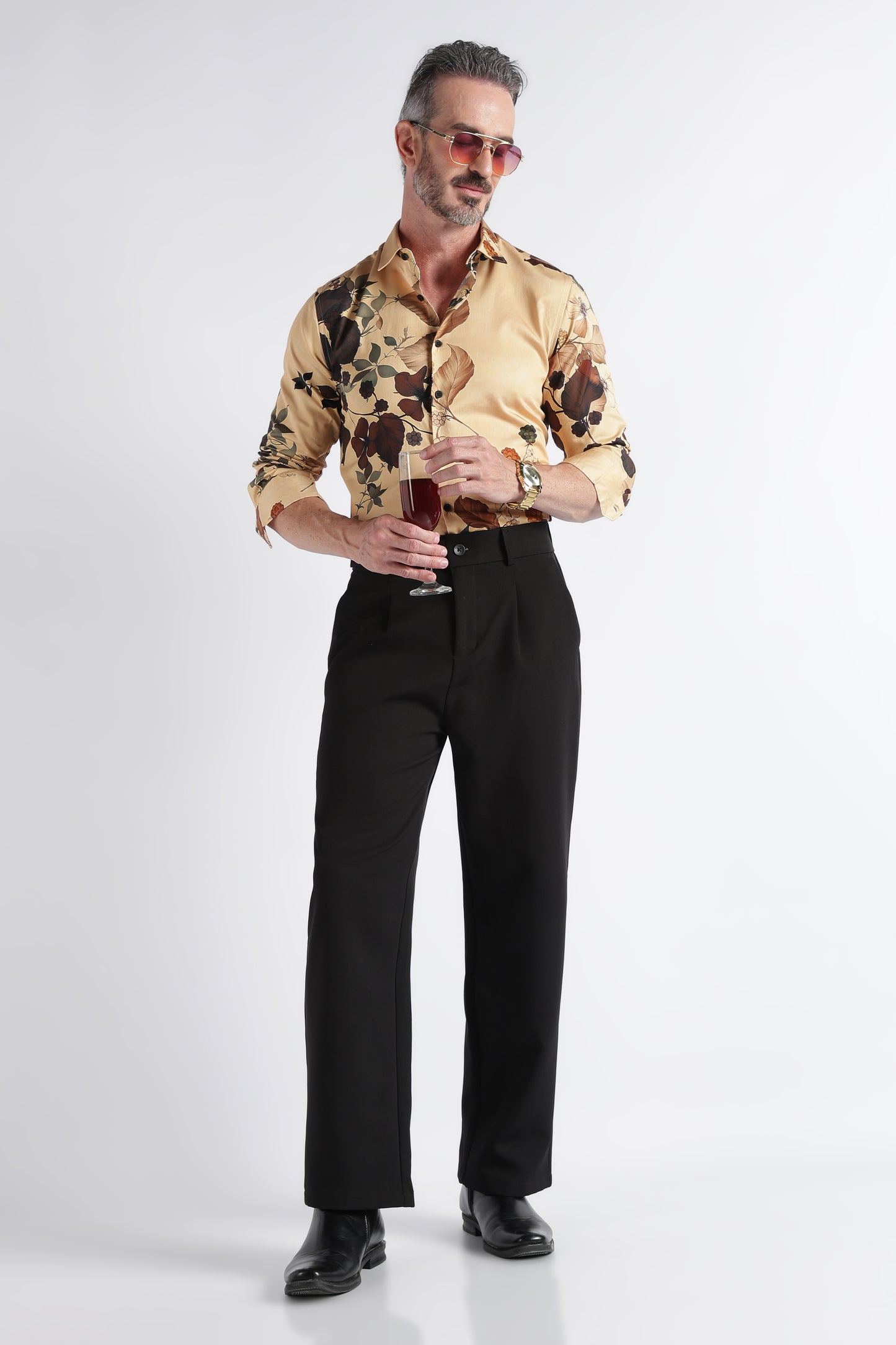 Brown Yellow Floral Print Shirt - Slim Fit Party Wear