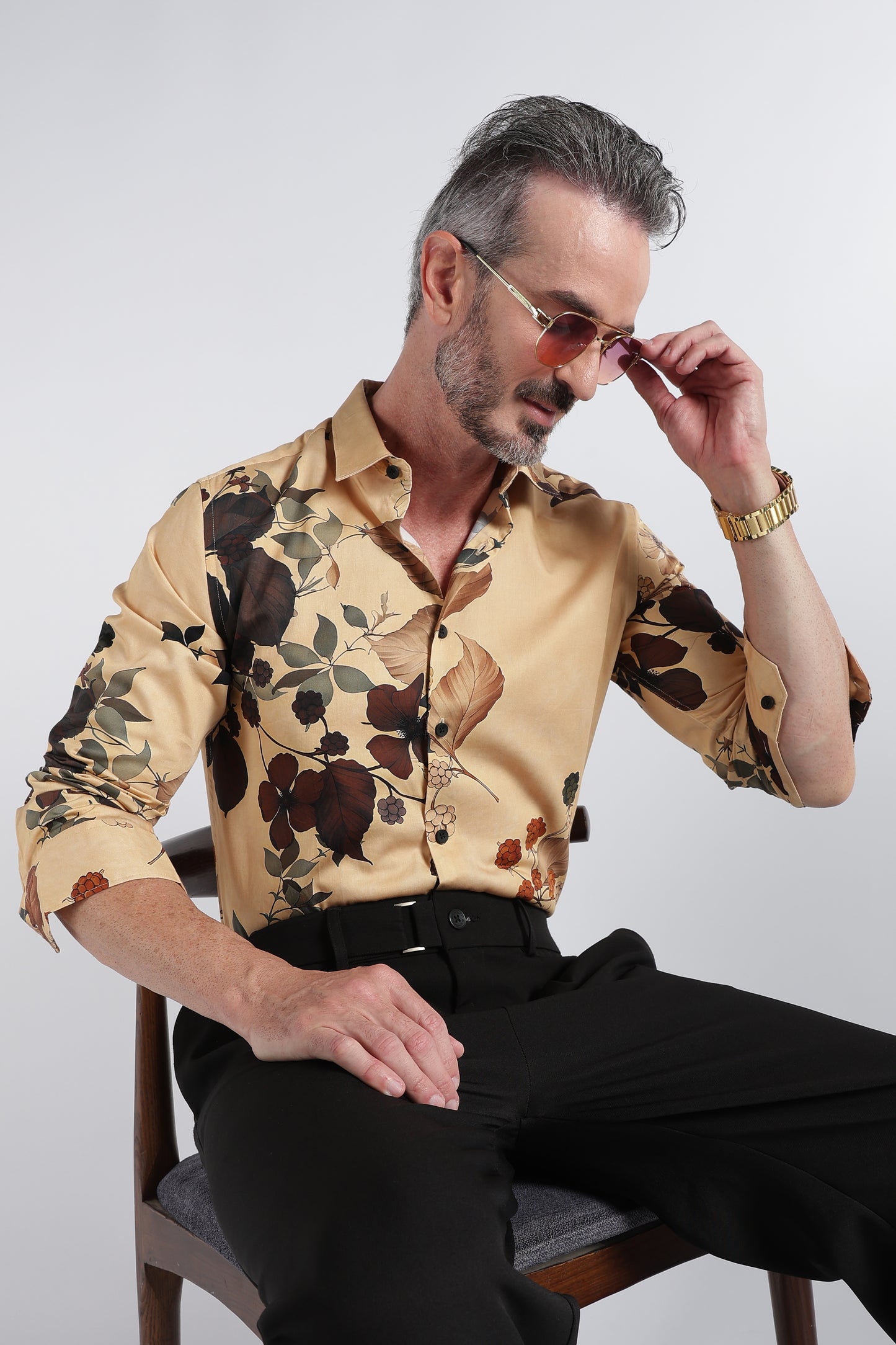 Brown Yellow Floral Print Shirt - Slim Fit Party Wear
