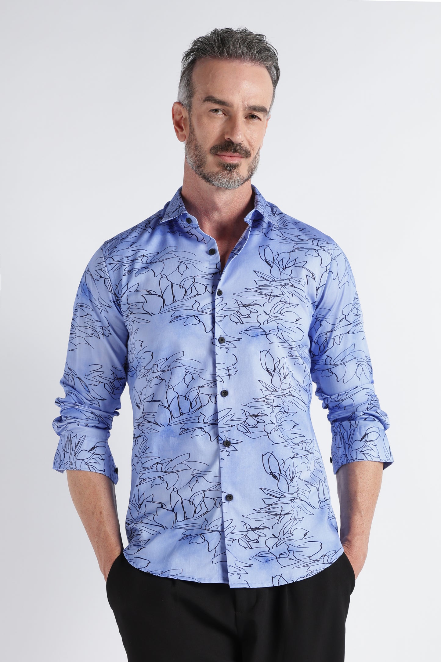 Blue Black Floral Print Shirt - Slim Fit Party Wear