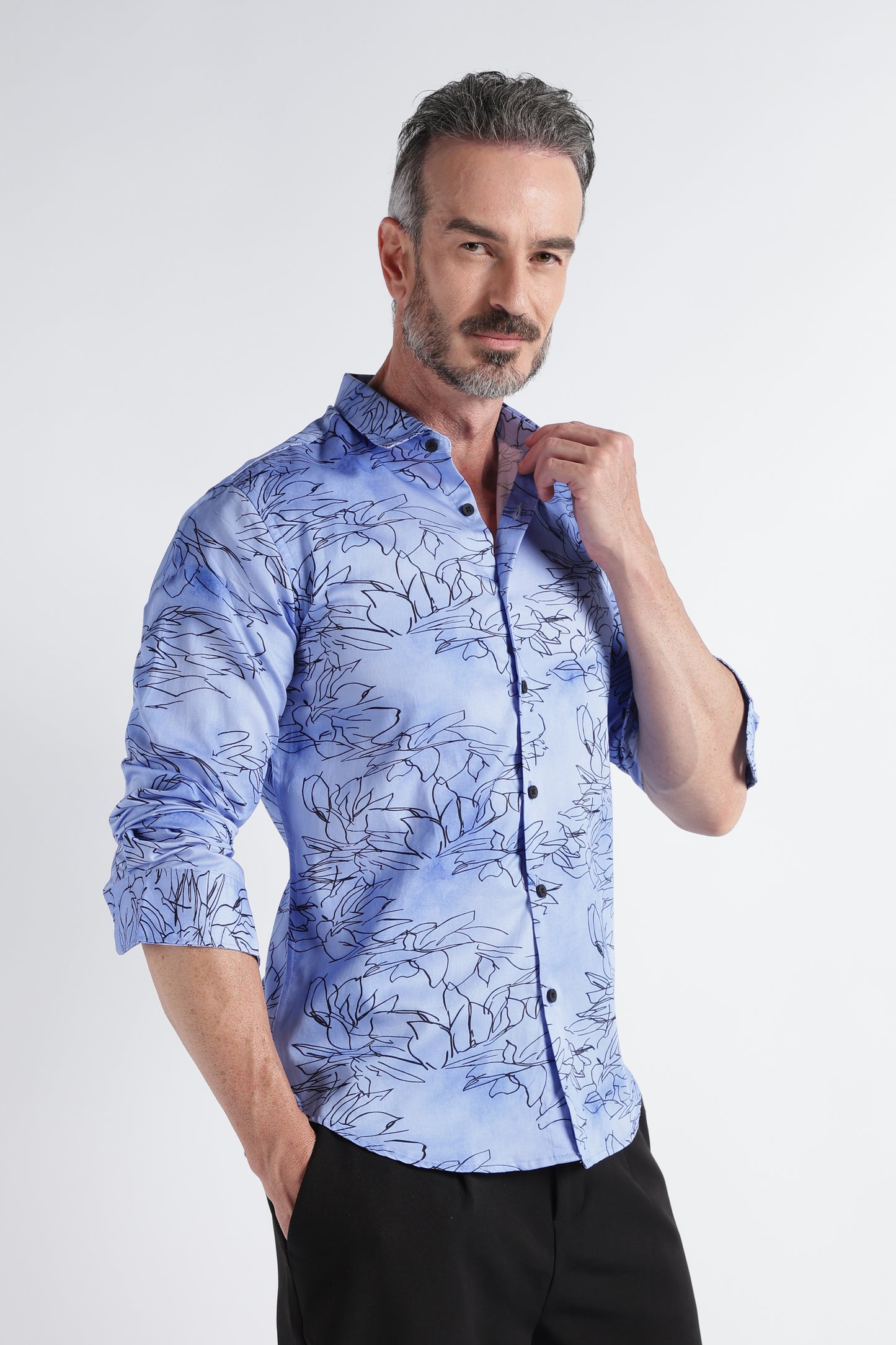 Blue Black Floral Print Shirt - Slim Fit Party Wear